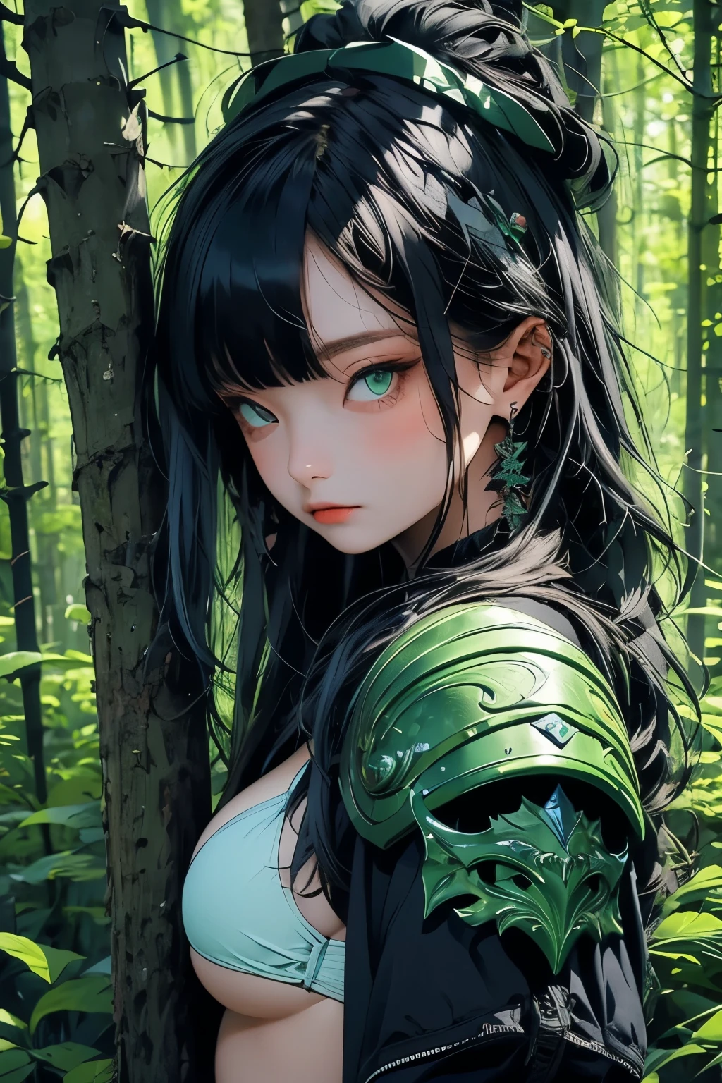 (masterpiece), (best quality), (ultra-detailed), long blue hair girl, green eyes wearing a bikini armor, forest