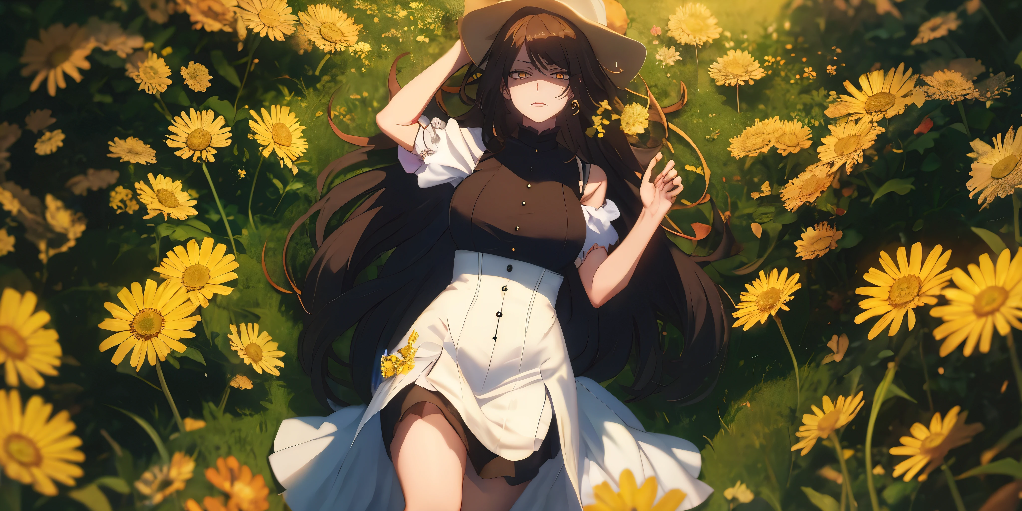 long hair, black hair, golden eyes, dandelions, beautiful sunlight, soft focus, girl in a white dress, dreamy atmosphere, (lying:1.3), field, nature, golden hour, playful, ethereal, joyful, outdoor, summertime.  vivid colors, portrait, (shaded face:1.2), hollow eyes, golden eyes, looking at viewer, (heavy breathing:1.2), expressionless, glaring eyes, bokeh
