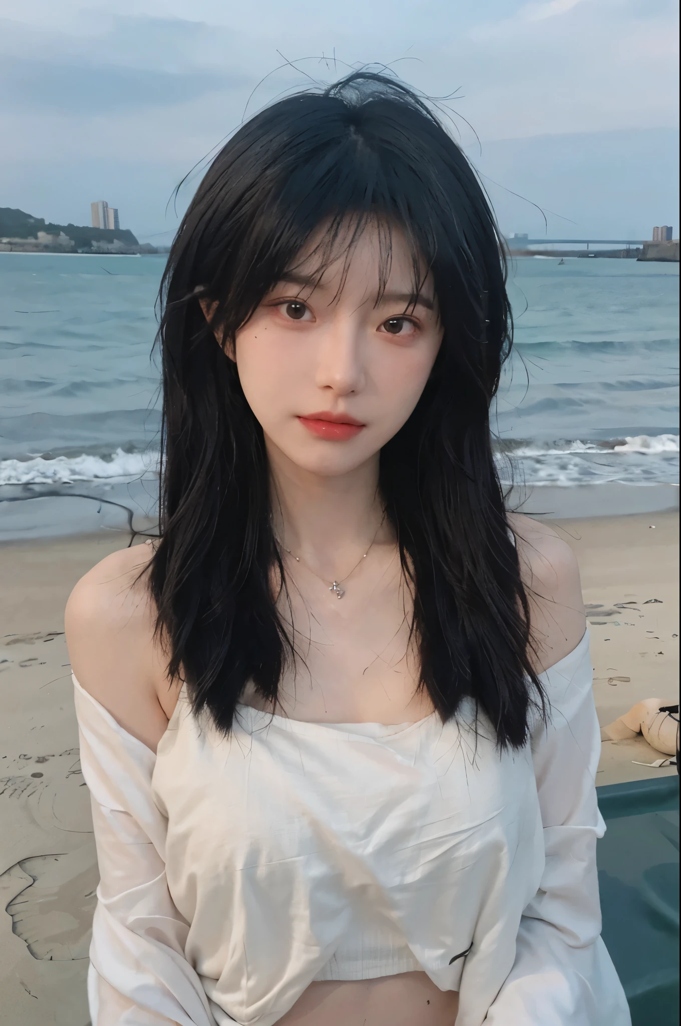 Best quality,Ultra-high resolution,(lifelike:1.4),Cute hairpin,1girll,Long curly hair,jk,Blush,Slim beauty:1.4,Visible abdominal muscles,on the beach,Ultra-fine face,Exquisite eyes,Double eyelids,necklace