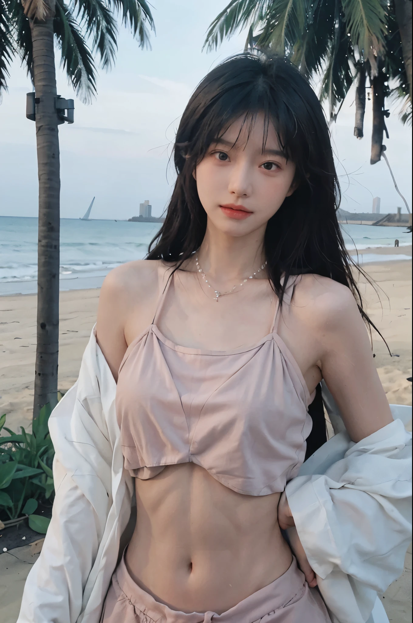 Best quality，Ultra-high resolution，（lifelike：1.4），Cute hairpin，1girll，Long curly hair，jk，Blush，Slim beauty：1.4，Visible abdominal muscles，on the beach，Ultra-fine face，Exquisite eyes，Double eyelids，necklace