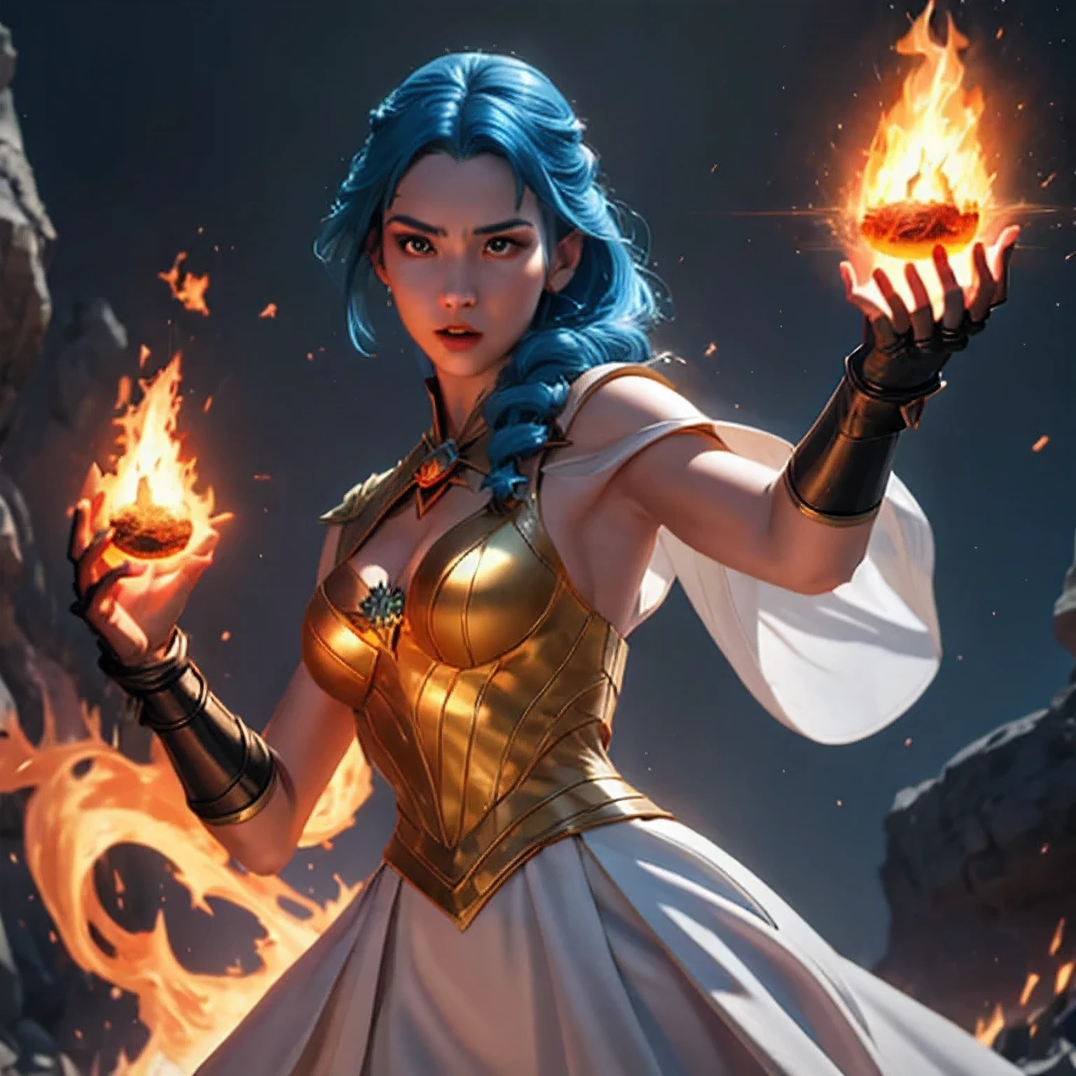 there is a girl with blue hair and a white dress holding a fire, ice sorceress, the sorceress casting a fireball, fantasy character photo, casting fire spell, (octane render) fantasy style, ice and fire, a sorceress casting a ice ball, realistic fantasy render, she has fire powers, ice mage, fantasy photoshoot , arafed(((Perfect college student))