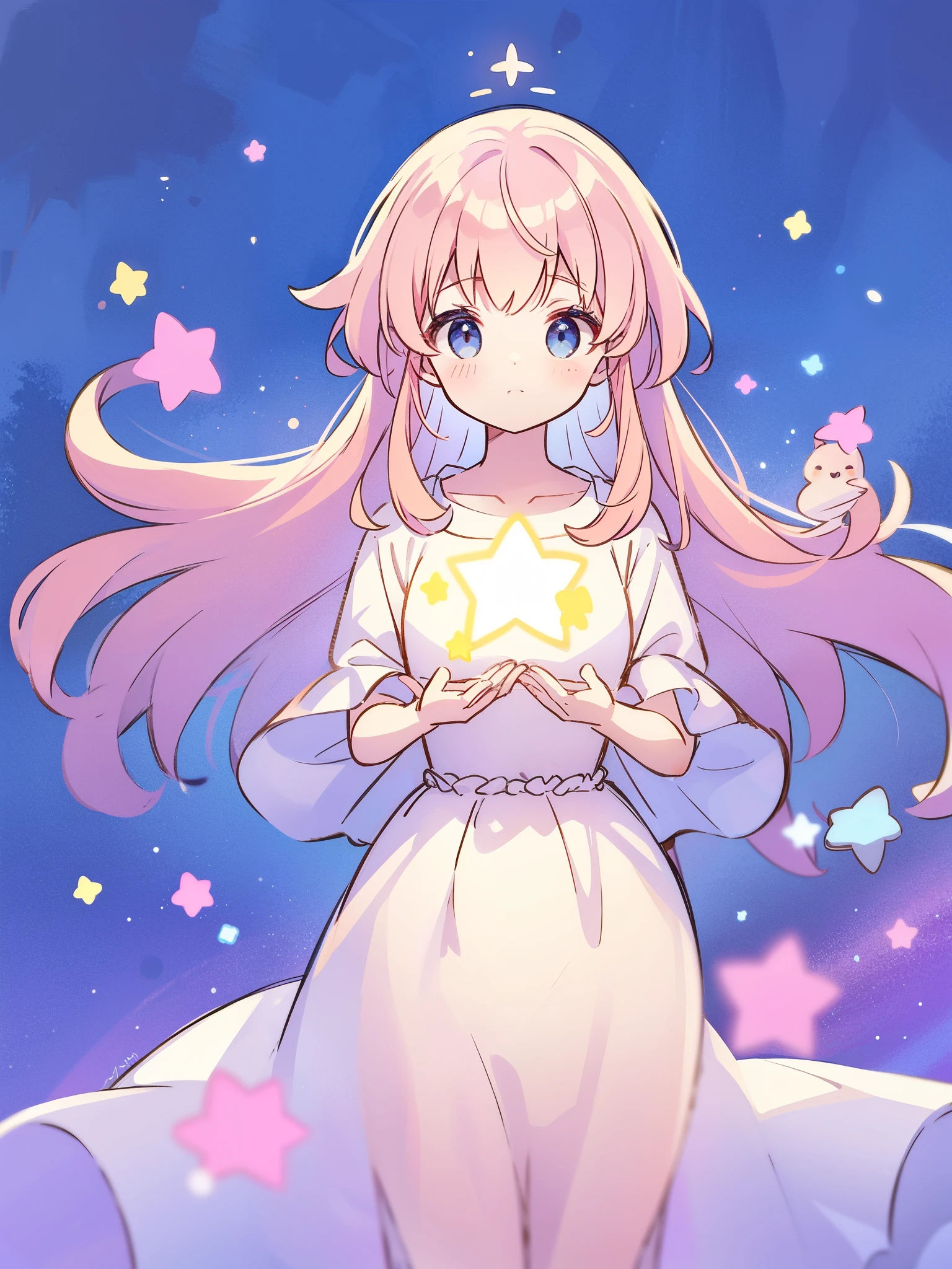 complex background, wishing star background, a woman wearing an ethereal mystical pink translucent dress that reflects the stars, mystical, complex drawing, highly detailed, ethereal, starry night, midjourney style