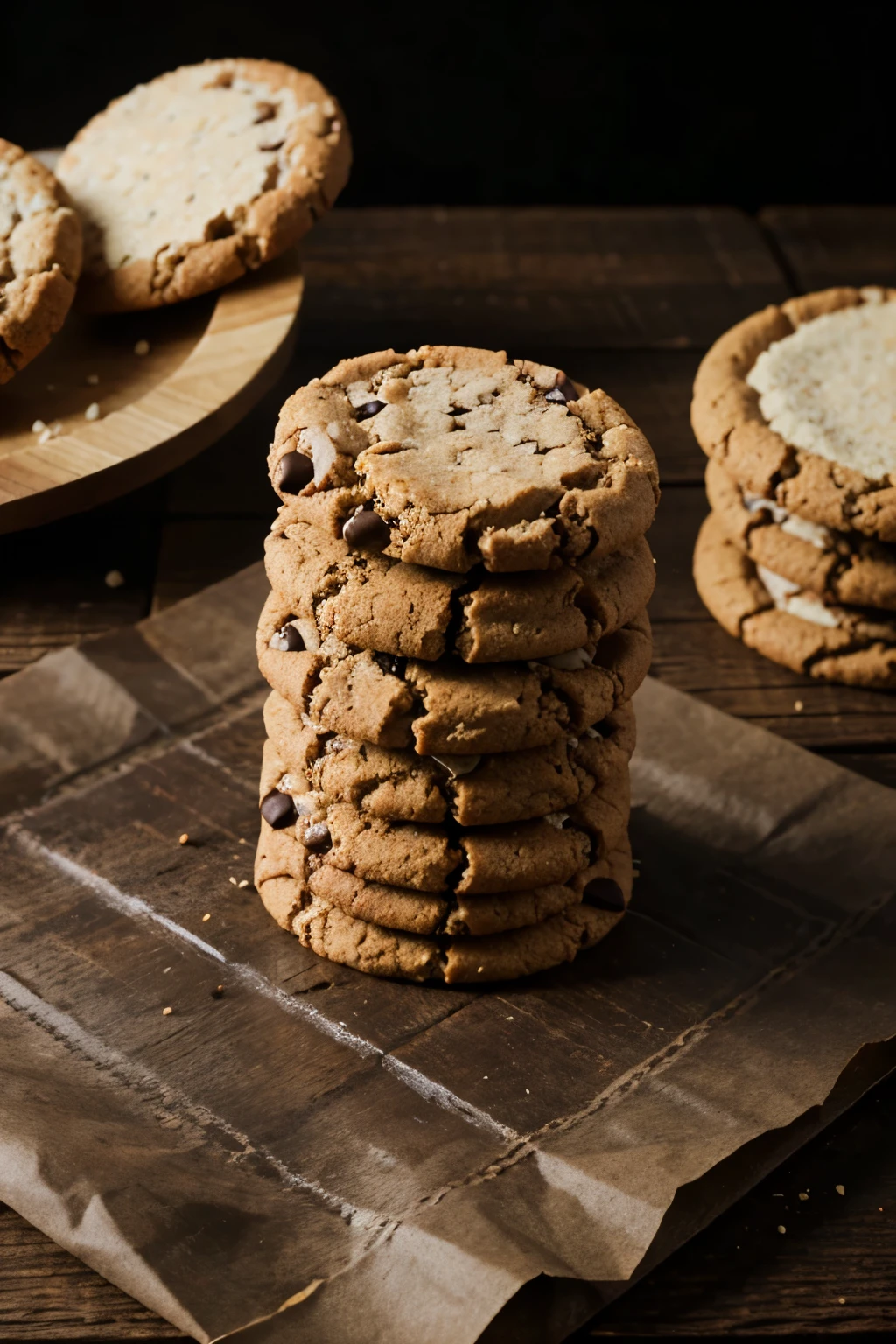 vegan cookies on a dark wooden table, an attractive commercial image focused on product presentation