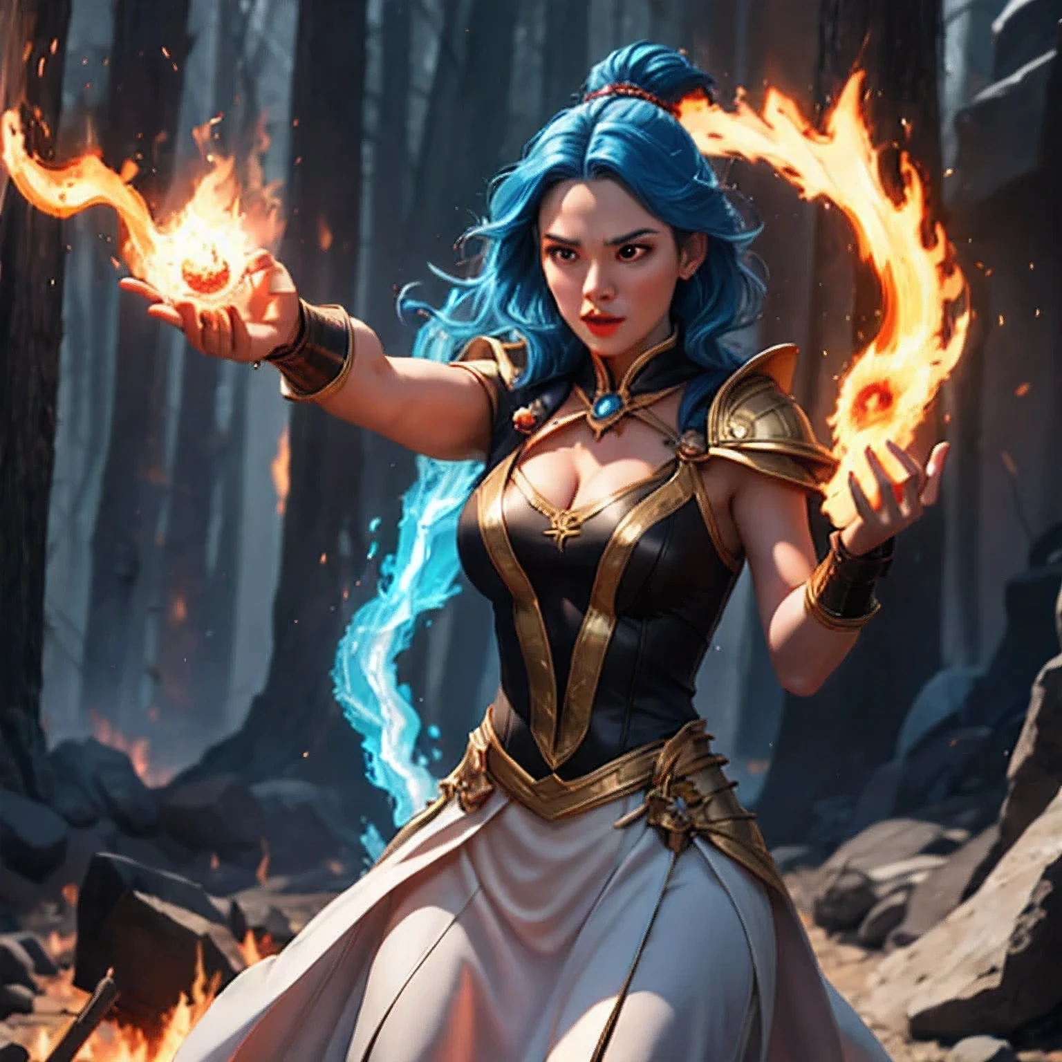 there is a girl with blue hair and a white dress holding a fire, ice sorceress, the sorceress casting a fireball, fantasy character photo, casting fire spell, (octane render) fantasy style, ice and fire, a sorceress casting a ice ball, realistic fantasy render, she has fire powers, ice mage, fantasy photoshoot , arafed(((Perfect college student))