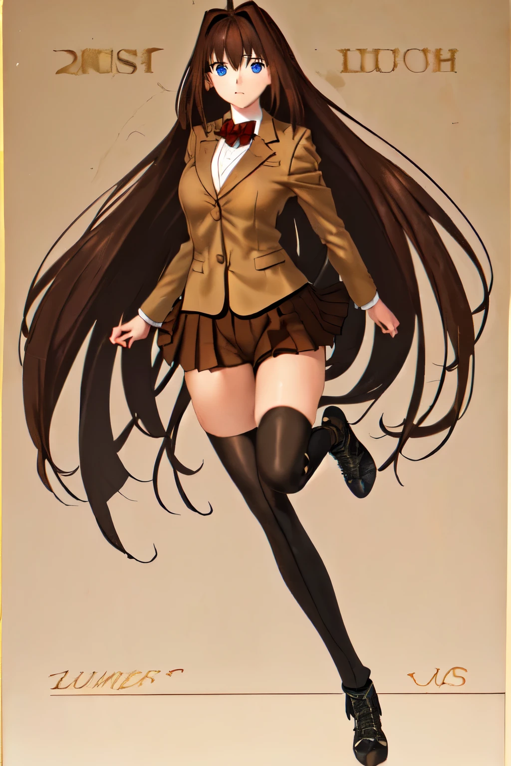 ((1girl:1)), ((solo:1)), colorful, hyper detail, intricate details, best quality, high contrast, bbaoko, (((only 2 legs:1.5))), (lush luscious hair:1.5), blue eyes, (very long hair:1.1), (chestnut-brown hair with slightly reddish undertone), red bowtie, (Form-fitting beige blazer:1.5), brown jacket, (white shirt:1), (well shaped large breasts:1.2), nice hips, (((Umber pleated-skirt:1.5))), (((black spandex shorts:1.5))), (2 nice thighs with visible skin:1.2), (2 symmetrical black thigh-high stockings:1.5), (brown Strap-Shoes), ((standing straight:1)), ((Fullbody in frame including full shoes:1.5)), ((Full body:1.5)), white-empty background, (((empty background:1.8))), (facing front:1.5)
