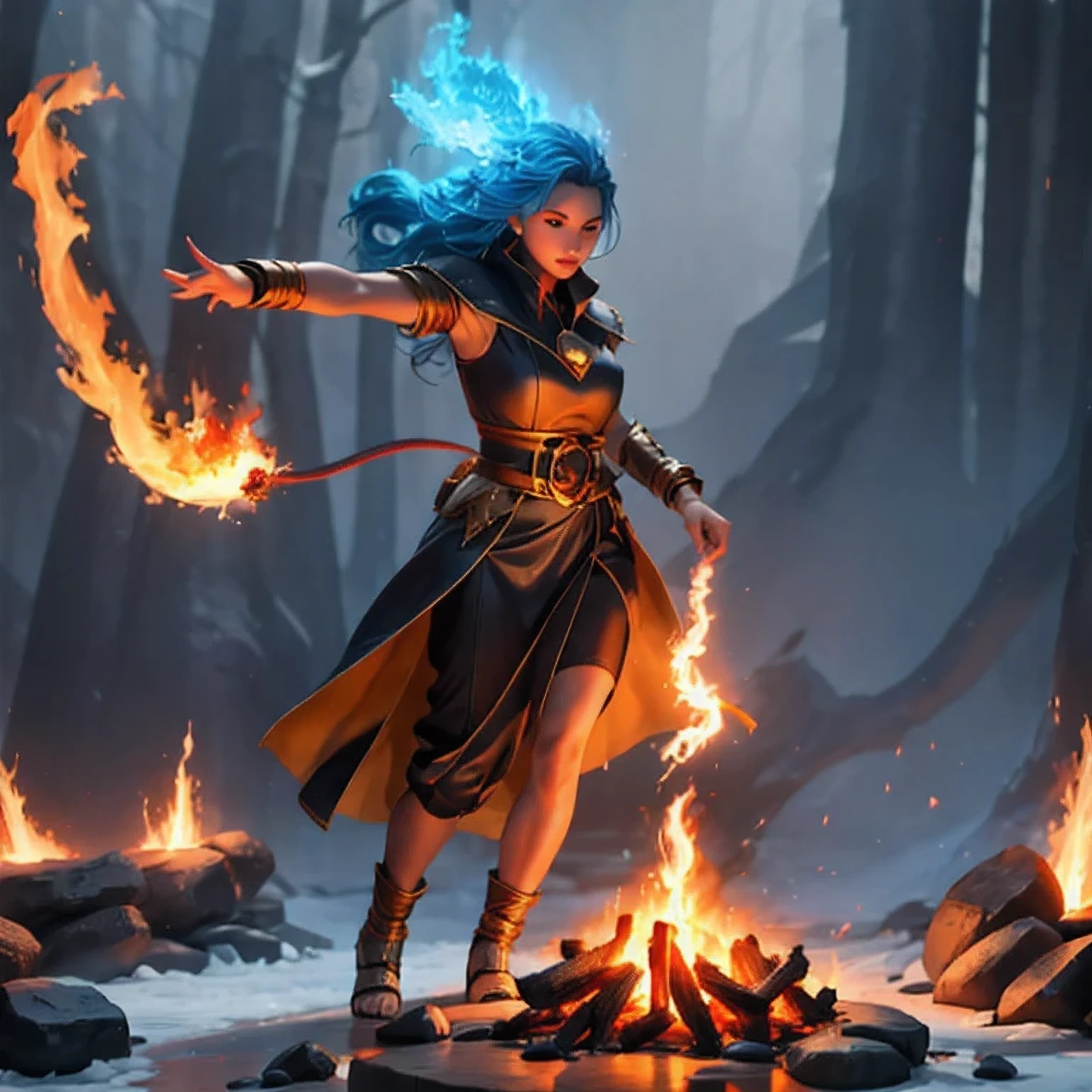 there is a girl with blue hair and a white dress holding a fire, ice sorceress, the sorceress casting a fireball, fantasy character photo, casting fire spell, (octane render) fantasy style, ice and fire, a sorceress casting a ice ball, realistic fantasy render, she has fire powers, ice mage, fantasy photoshoot , arafed(((Perfect college student))