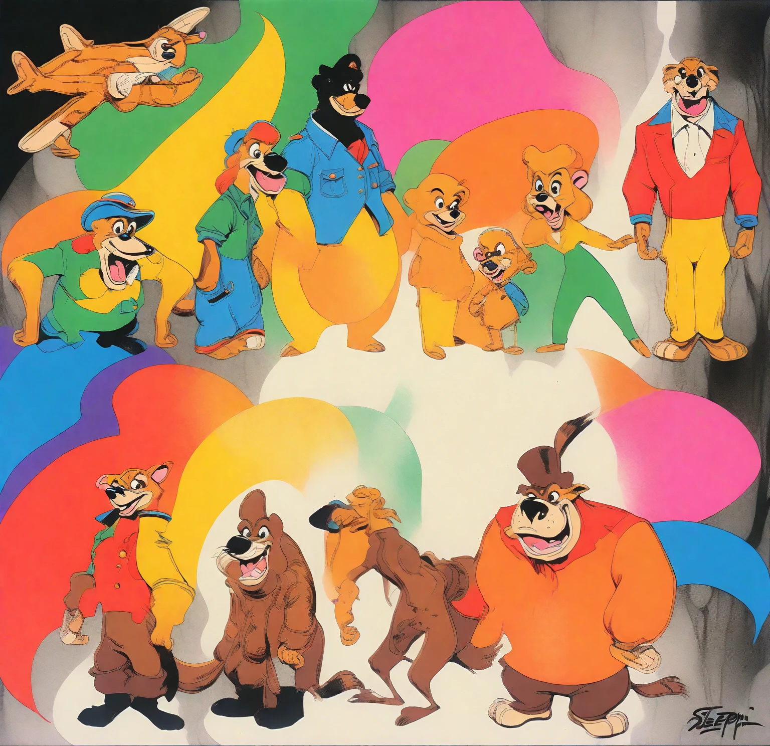 (Talespin 1990's cartoon homage), comic 1990's, animated tv show screengrab, Talespin cast dancing stanky boogie, cinematic poster, image within image, multiple exposure, massive scale, rich color grading for shading depth, hand drawn rotoscope cartoon realism, chiaroscuro lighting, mixed media, vintage comic, retro original design, 1990's comic, sense of movement energy, taking flight, tropical rot, rewilding, (full roygbiv color) ink charcoal expressive illustration, Talespin aesthetics