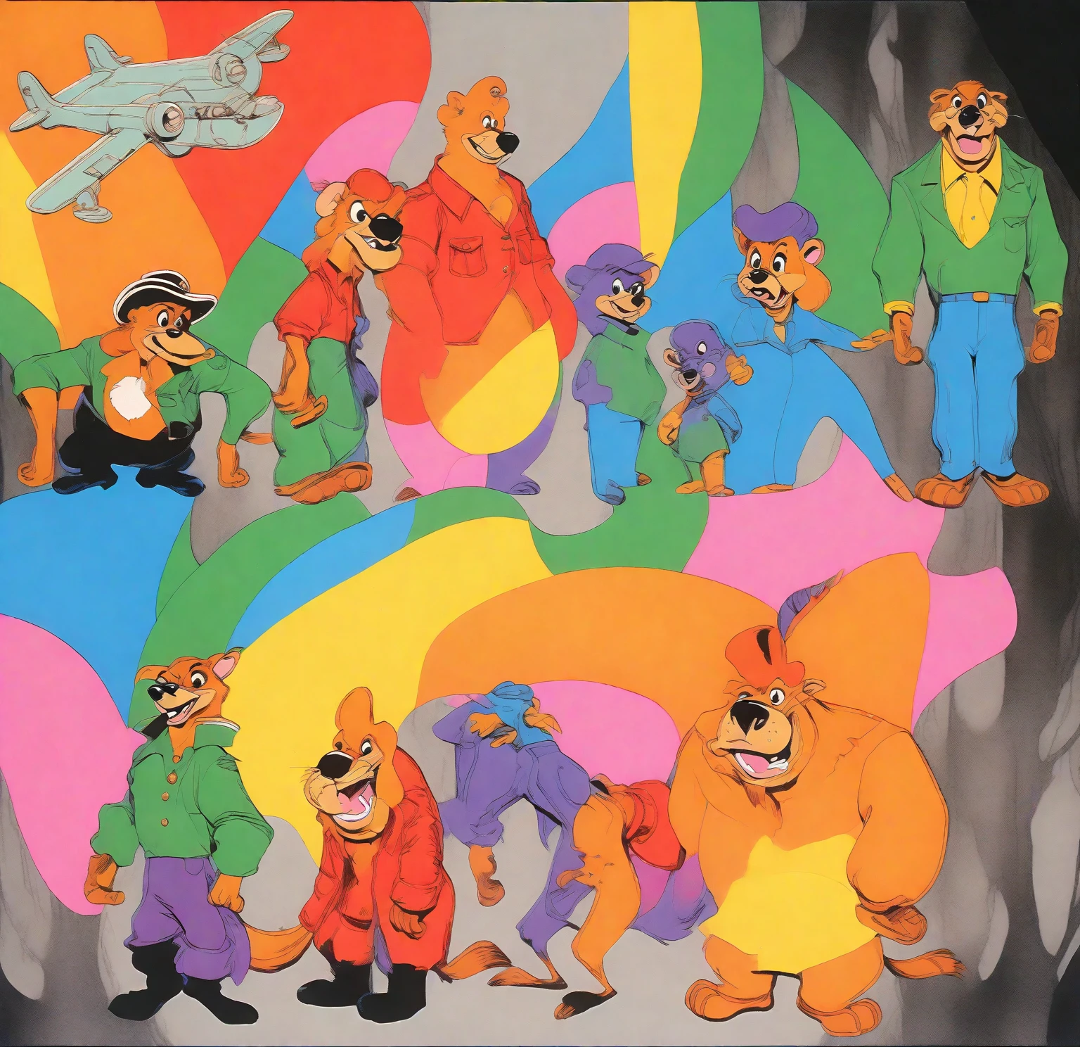 (Talespin 1990's cartoon homage), comic 1990's, animated tv show screengrab, Talespin cast dancing stanky boogie, cinematic poster, image within image, multiple exposure, massive scale, rich color grading for shading depth, hand drawn rotoscope cartoon realism, chiaroscuro lighting, mixed media, vintage comic, retro original design, 1990's comic, sense of movement energy, taking flight, tropical rot, rewilding, (full roygbiv color) ink charcoal expressive illustration, Talespin aesthetics
