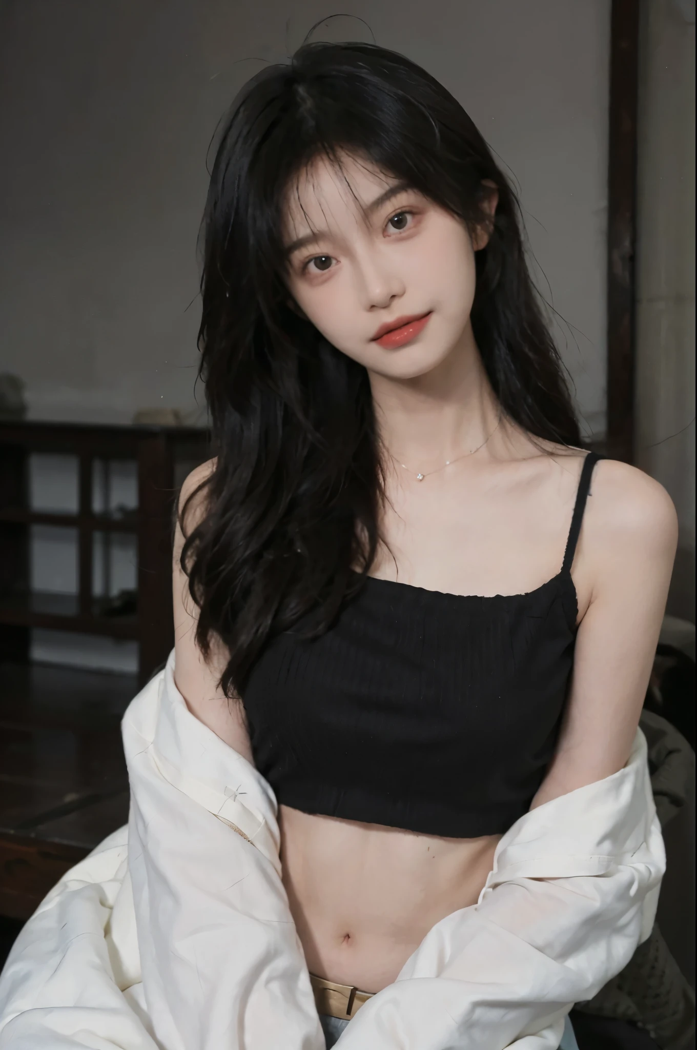 best qualtiy, Ultra-high resolution, (realisticlying:1.4),cute hairpin,1girll,Red long-haired,Cropped black sweater ,Beautiful woman with a slim figure:1.4, Pronounced abs:1.4, On the island,Ultra-fine face,Elaborate Eyes,double eyelid,choker necklace