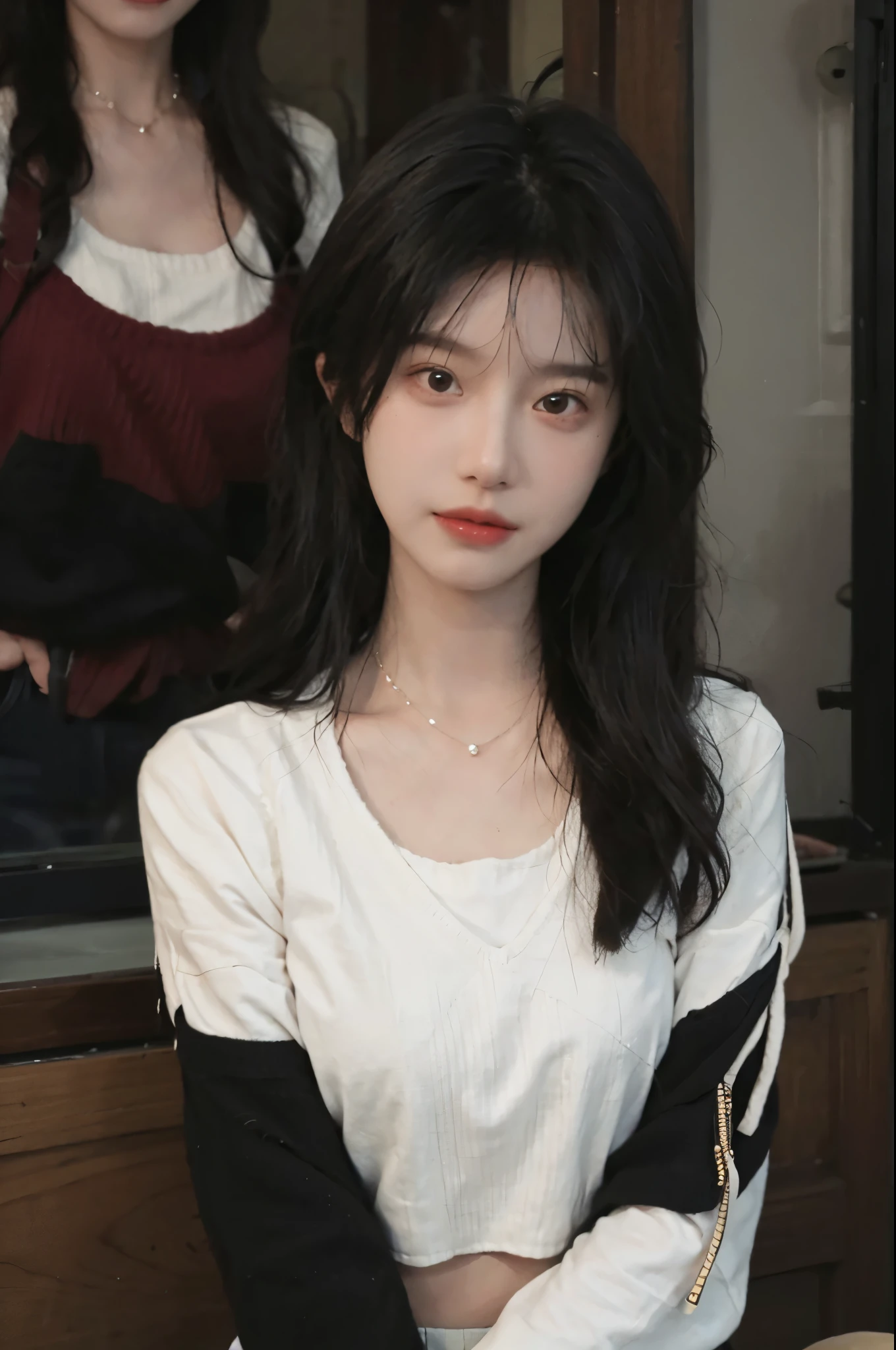 best qualtiy, Ultra-high resolution, (realisticlying:1.4),cute hairpin,1girll,Red long-haired,Cropped black sweater ,Beautiful woman with a slim figure:1.4, Pronounced abs:1.4, On the island,Ultra-fine face,Elaborate Eyes,double eyelid,choker necklace