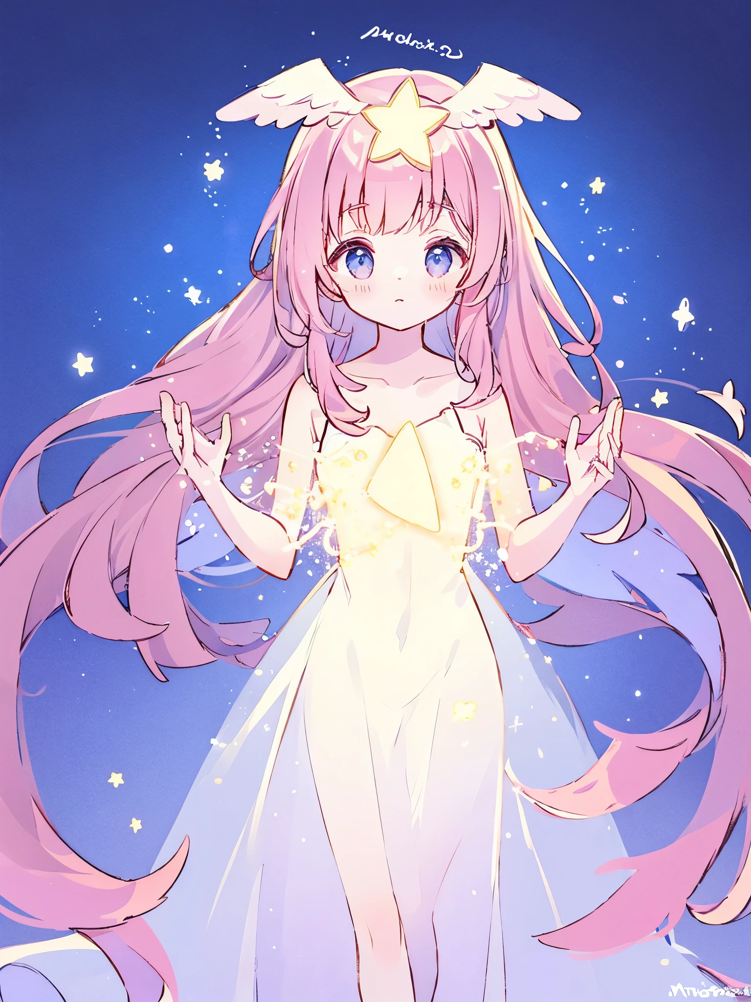 complex background, wishing star background, an angel girl wearing an ethereal mystical pink translucent dress that reflects the stars, small wings coming off her head, mystic, complex drawing, highly detailed, ethereal, starry night, midjourney style
