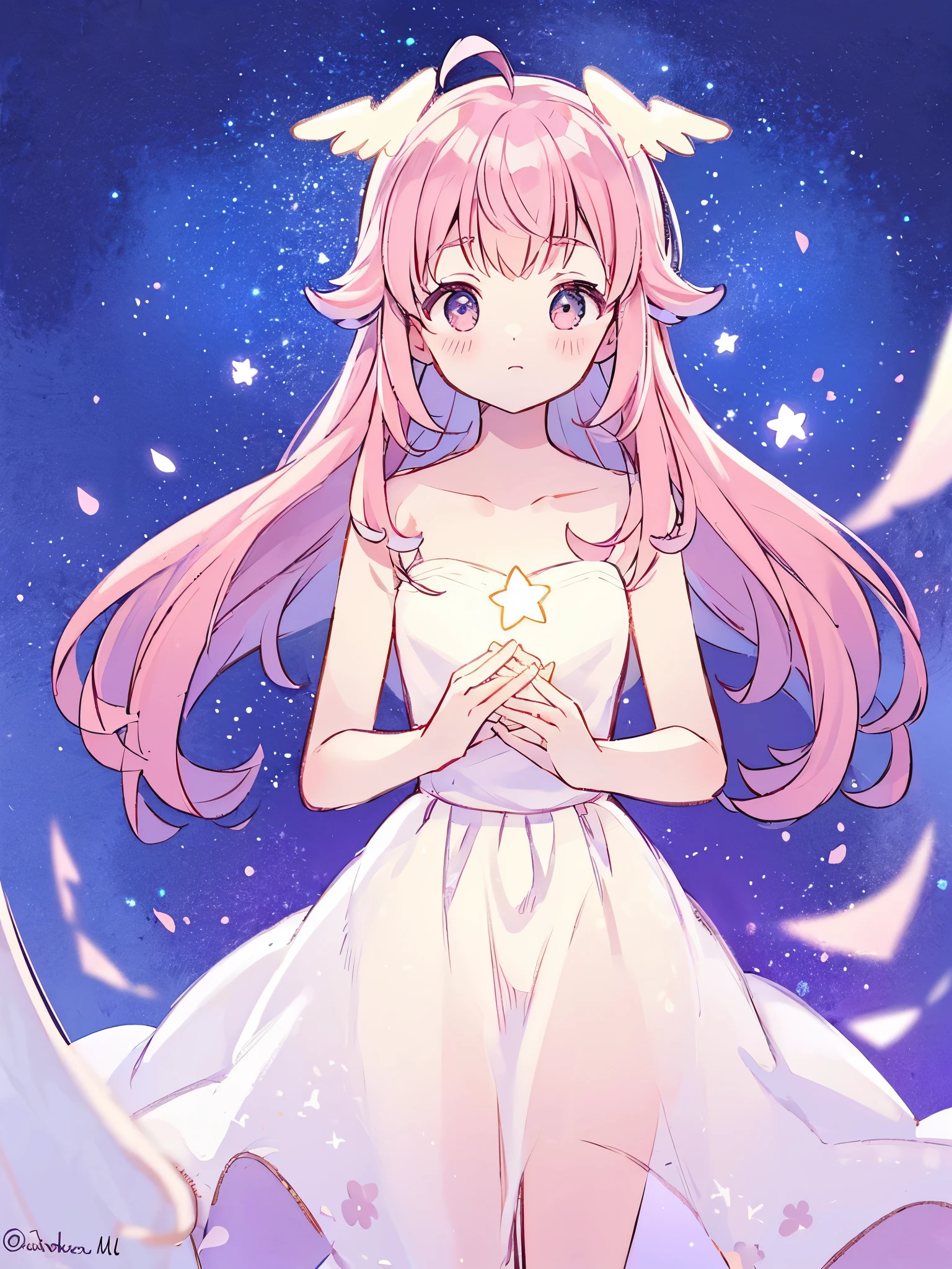 complex background, wishing star background, an angel girl wearing an ethereal mystical pink translucent dress that reflects the stars, small wings coming off her head, mystic, complex drawing, highly detailed, ethereal, starry night, midjourney style