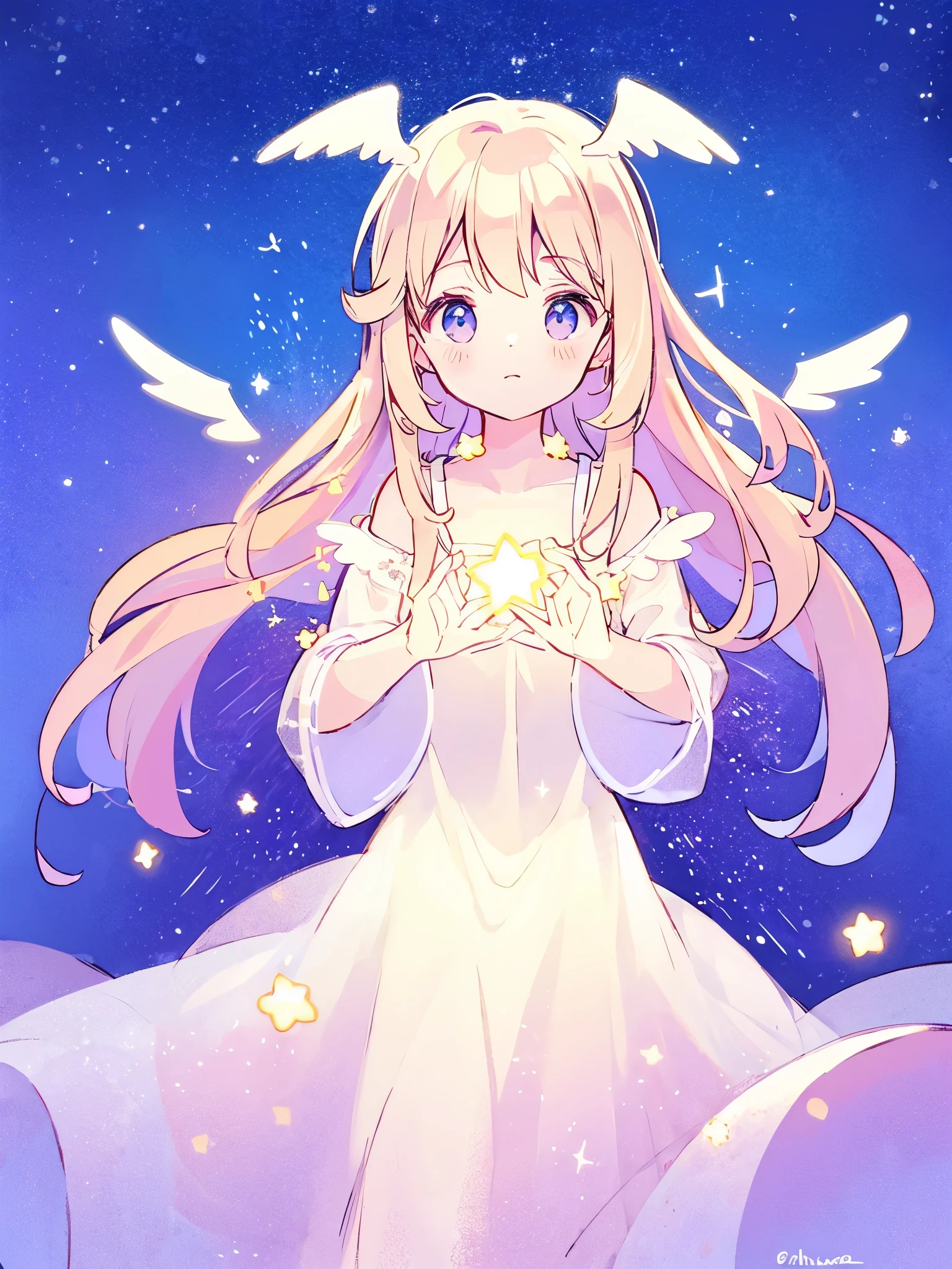 complex background, wishing star background, an angel girl wearing an ethereal mystical pink translucent dress that reflects the stars, small wings coming off her head, mystic, complex drawing, highly detailed, ethereal, starry night, midjourney style