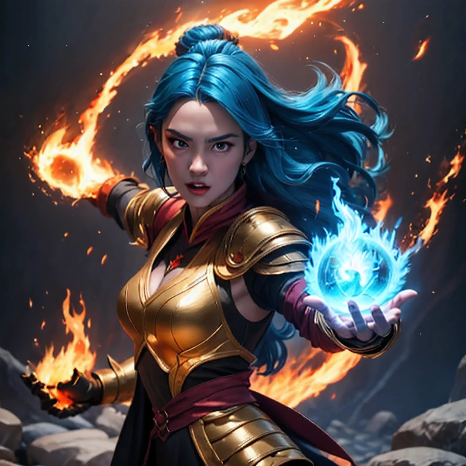 there is a girl with blue hair and a white dress holding a fire, ice sorceress, the sorceress casting a fireball, fantasy character photo, casting fire spell, (octane render) fantasy style, ice and fire, a sorceress casting a ice ball, realistic fantasy render, she has fire powers, ice mage, fantasy photoshoot , arafed(((Perfect college student))