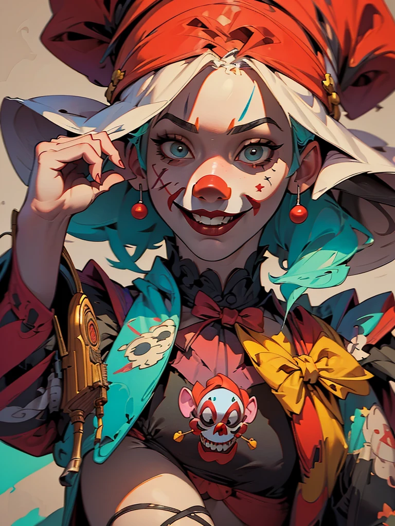Official Art, unity 8k wallpaper, Super detailed, Beautiful appearance, high quality, masterpiece, 最high quality, Close up of a girl (Jennifer Lawrence) holding a gun with a clown hat on, with red panties, Murder Carnival Freak, capitalist clown, gang, Clown, clown, She has a pistol, of a gang of circus clowns, Inspired by Earl Burgee, stylized digital illustration, gang, Smoking and gun retention, Background artwork, portrait death clown art by Ray Shark