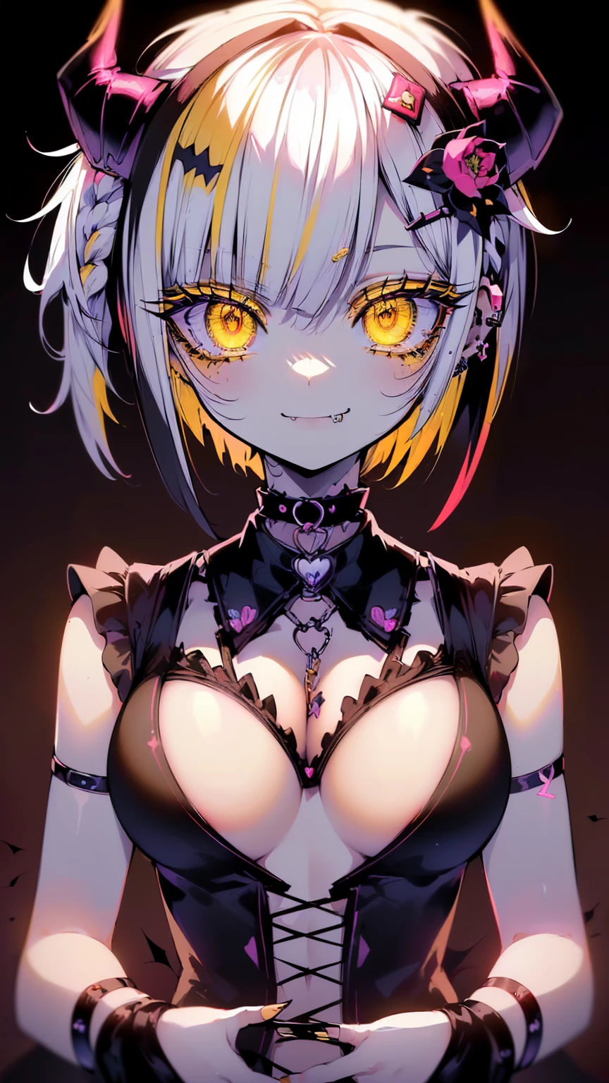 BLACKLIGHT, ((NSFW)), ((Small Boobs)), realistic art, extremely delicate and beautiful, ultra-detailed, (1girl), ((Yellow eyes)), floating, detailed light, illustration, dynamic angle, depth of field, ((((milf)))), girly, ((Yellow and White hair, multicoloured hair, Yellow highlights hair, (Ponytail), hair ornament, hair flower, flower, makeup, braid, smile)), demon eyes, fangs, pale white skin, (((best quality, 1girl, (skindentation), (blur background:0.6), (casual yet stylish, ((Demon Horns)), ), gorgeous, (short hair:1.5), soft lighting, wind, (front light:1.5), surprised, choker, smile, jewelry, earrings))), (ultra high res, best quality,), (8k, raw photo, best quality, masterpiece), technological sense, best quality, masterpiece, illustration,CG ,unity ,wallpaper, official art, Amazing, finely detail, an extremely delicate and beautiful,extremely detailed, highly detailed, sharp focus,rich background, (real person,photograph), ((high detailed skin)), ((( , (crazy eyes:1.3), (wide-eyed:1.2), (glowing eyes), (Demon) ))), (((a close up of a person with a weird face and nails, gothic maiden anime girl, gothic - cyberpunk, cyberpunk horror style, gothic art style, detailed digital anime art, gothic art, demon anime girl, gothic girl face, anime style 4 k, dark art style, anime cyberpunk art, gothic aesthetic, 1 7 - year - old anime goth girl, gothic horror vibes))) Waiting to start 