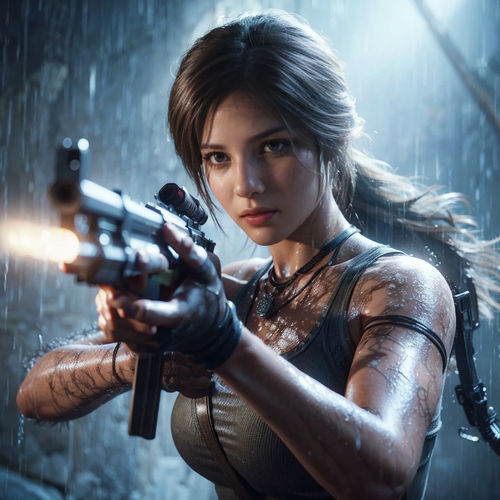 Lara Croft, brown eyes, (best quality, ultra-detailed), (realistic:1.37), beautiful and detailed face, ultra-realistic texture, delicate face, delicate body, red lipstick, bright colors. High definition, 8K