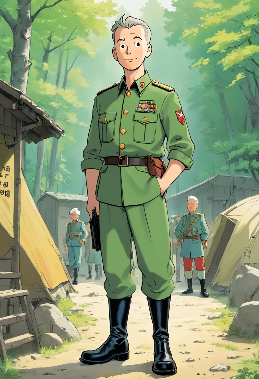 Tintin, 50 years old male wearing green army uniform, black boots, slick and neat short gray hair, hand on hips pose, in an army camps, european comics