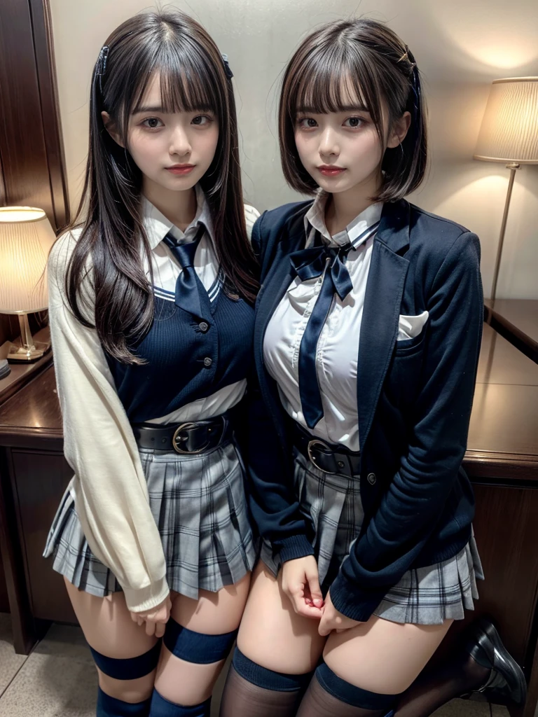 (8K, Raw photography, top-quality, masterpiece:1.2), muster piece, best quality, illustration, Super detailed, fine details, High resolution, 8K,wall paper, perfect dynamic composition,(Details High quality, realistic depiction of eyes:1.3), ((2 girls, 2 schoolgirls)), The background is a luxury hotel room、High school girl uniform、blazer 、Super Short Check Uniform Skirt、Navy blue high socks、garterbelts、Colossal tits、Disturbed uniform, Play with each other,Touching each other's bodies,Touching the body of the girl next door, short bob hair, black hair color, huge breasts, Big Natural Color Lip, bold sexy pose, (perfect body shape), crying a little、cold gaze, Harajuku style、20 year old girl、 beautiful legs, hposing Gravure Idol, Voluptuous thighs