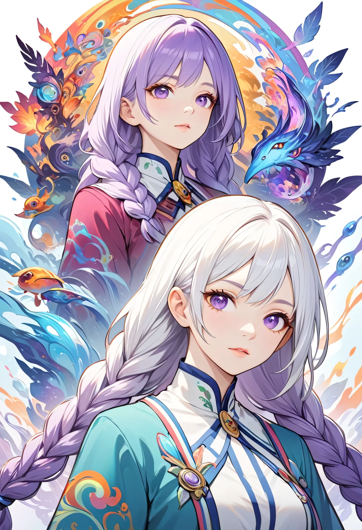 Portrait of a female therapist in deep psychedelic, Hallucinogens, yinji, purple hair, purple eyes, long hair, white hair, double braids, gradient hair, complex, elegant, agility, The content is very detailed, Concept Art, Smooth, Clear focus, Implications