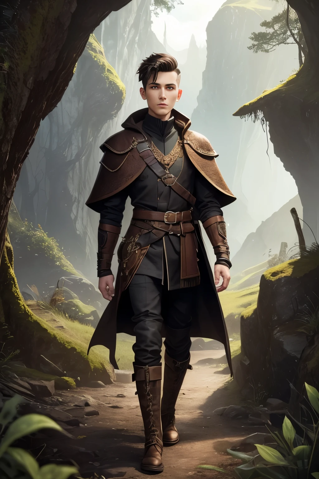 Fullbody portrait of an androgynous young male socerer with a undercut. Kind. Friendly. Happy. Very short haircut. Dark-brown hair with a undercut. Sides shaved. A soft narrow face with a lot of freckles. Long neck. Soft round chin. Wide forehead. Very thin barley visible eyebrows. Big upturned eyes. Dark-brown eyecolour. Long wide nose. Soft curved lips. Very pale skin with liverspots. Slim body. Black boots. Wearing D&D style clothing. Outfit of an Adventuerer. Beautiful colourful fantasy landscape with hills and forests.
