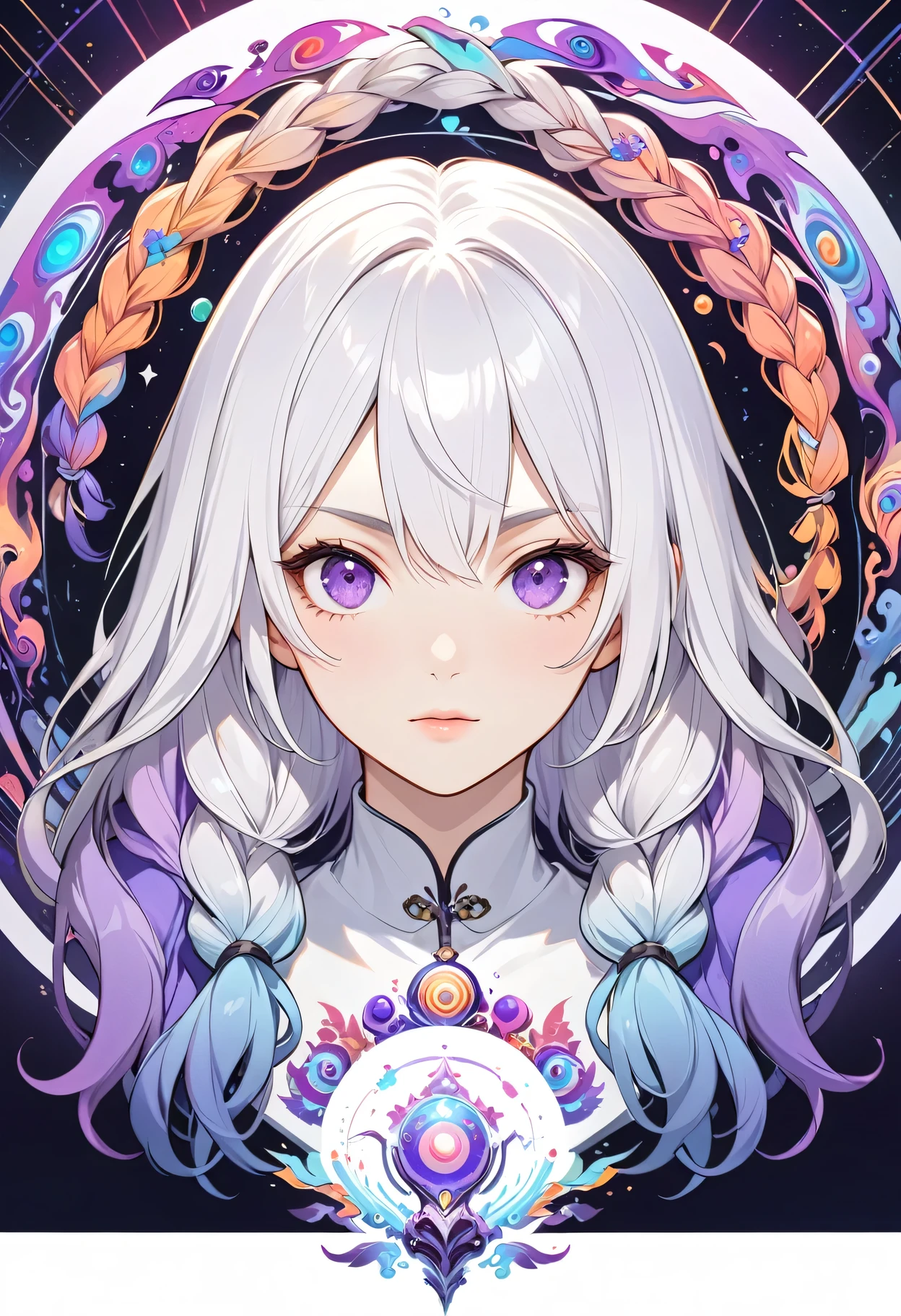 Portrait of a female therapist in deep psychedelic, Hallucinogens, yinji, purple hair, purple eyes, long hair, white hair, double braids, gradient hair, complex, elegant, agility, The content is very detailed, Concept Art, Smooth, Clear focus, Implications