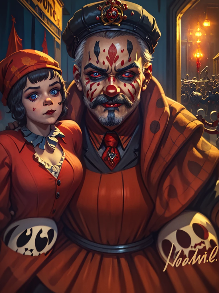 detailed portrait of a carnival freak serial killer, capitalist clown, gang member, jester, Borderlands style, intricate details, highly detailed face, hyper realistic, dark and gritty, dramatic lighting, moody colors, deep red and black tones, disturbing and twisted, sinister expression, dangerous aura, chaotic scene