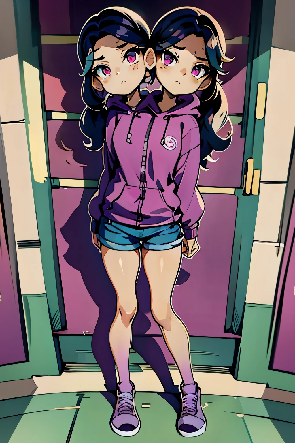 conjoined, 2heads, girl with two heads instead of one, 2head, cuerpo curvilineo, brazos curvilineos, usando shorts, ropa abrigada, piernas curvilineas, anime cartoon, using a purple hoodie, each head has a ponytail, anatomia proporcionada, torso ancho, pechos medianos, full body