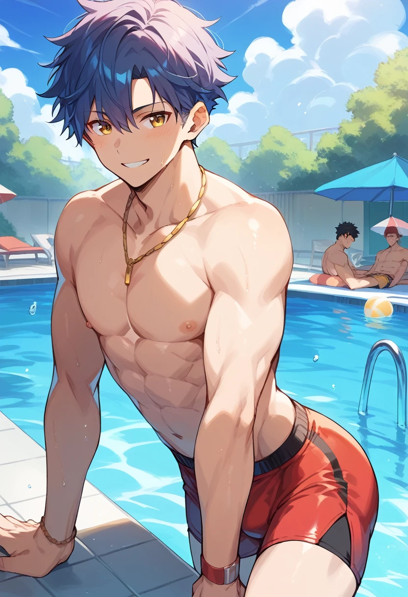(score_9,score_8_up,score_7_up,score_6_up,score_5_up,score_4_up), best quality, best lighting, high-definition background, in FGO style, 1 boy is 18 yo, muscled, topless, swimware, (long bulge), smiling, public pool