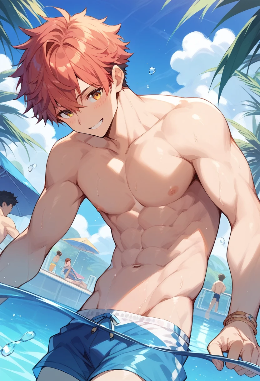 (masterpiece, best quality),1boy,(e boy,Kid's face,Juvenile faces),a baby dness),infancy,sideface,Naked lying flat in the snow,Lewd expression,,infancy,Young age,Short round face,Flat chin,Fine face in detail,Colored briefs,musculous,Short bright orange hair,Sky blue eyes,opens his eyes wide,复杂,full bodyesbian,nakeness,Lewdness,Teal briefs,Pectoralis abdominal muscles,the night,themoon,vivd colour,(depth of fields:1.2),(abs),looking at viewert,Lie flat on the snow,spread their legs,Arms open,Falling snowflakes,There are a lot of diamond-shaped ice cubes on the ground,cold temperature