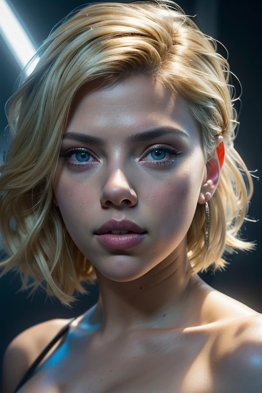 (ultra realistic),Photo, high quality, Analog Photography Ahegao , (low lighting), (neon atmosphere) light background ,portrait of a women, Ahegao, blonde hair, detailed eyes, ((drools)) deep cleavage curvy body 30 yr old women