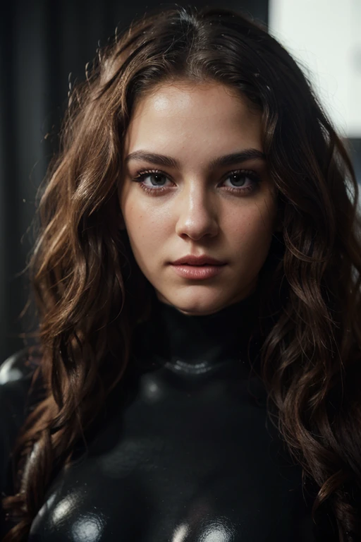 a beautiful young white girl with curly hair,1girl,spy,black catsuit,looking at camera,detailed face,beautiful eyes,beautiful lips,detailed facial features,cinematic lighting,high quality,photorealistic,8k,realistic,concept art