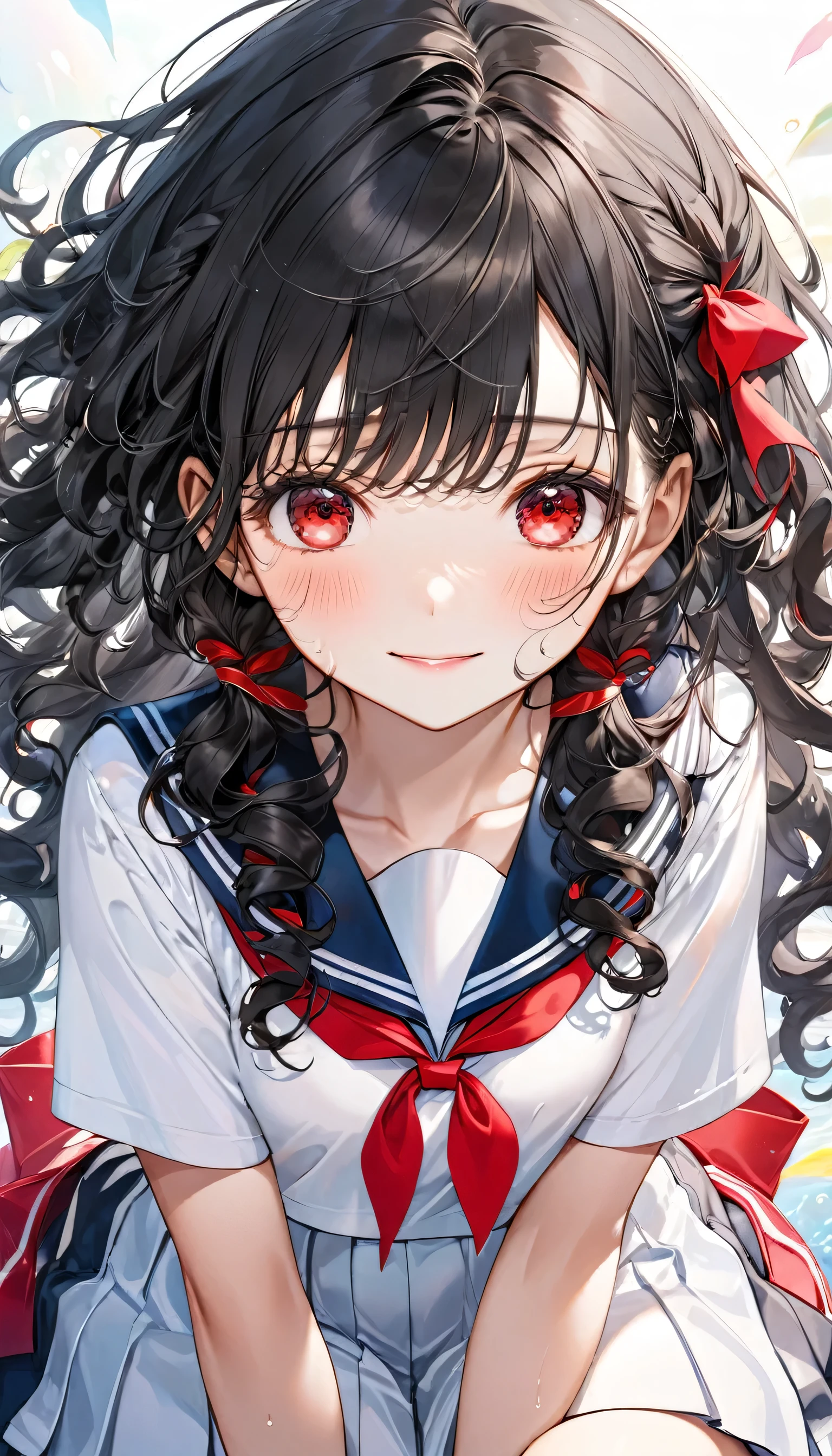 Close-up face (solo curly:1.3 black hair long hair lovely girl, lovely red eyes, tearful:1.5), (15 yo), smile:0.2, break,(in a summer cute school sailor suit, skirt, red ribbon), BREAK, (background is white), perfect anatomy, masterpiece, best quality, 16k, beautiful detailed grow, daydreaming expression.