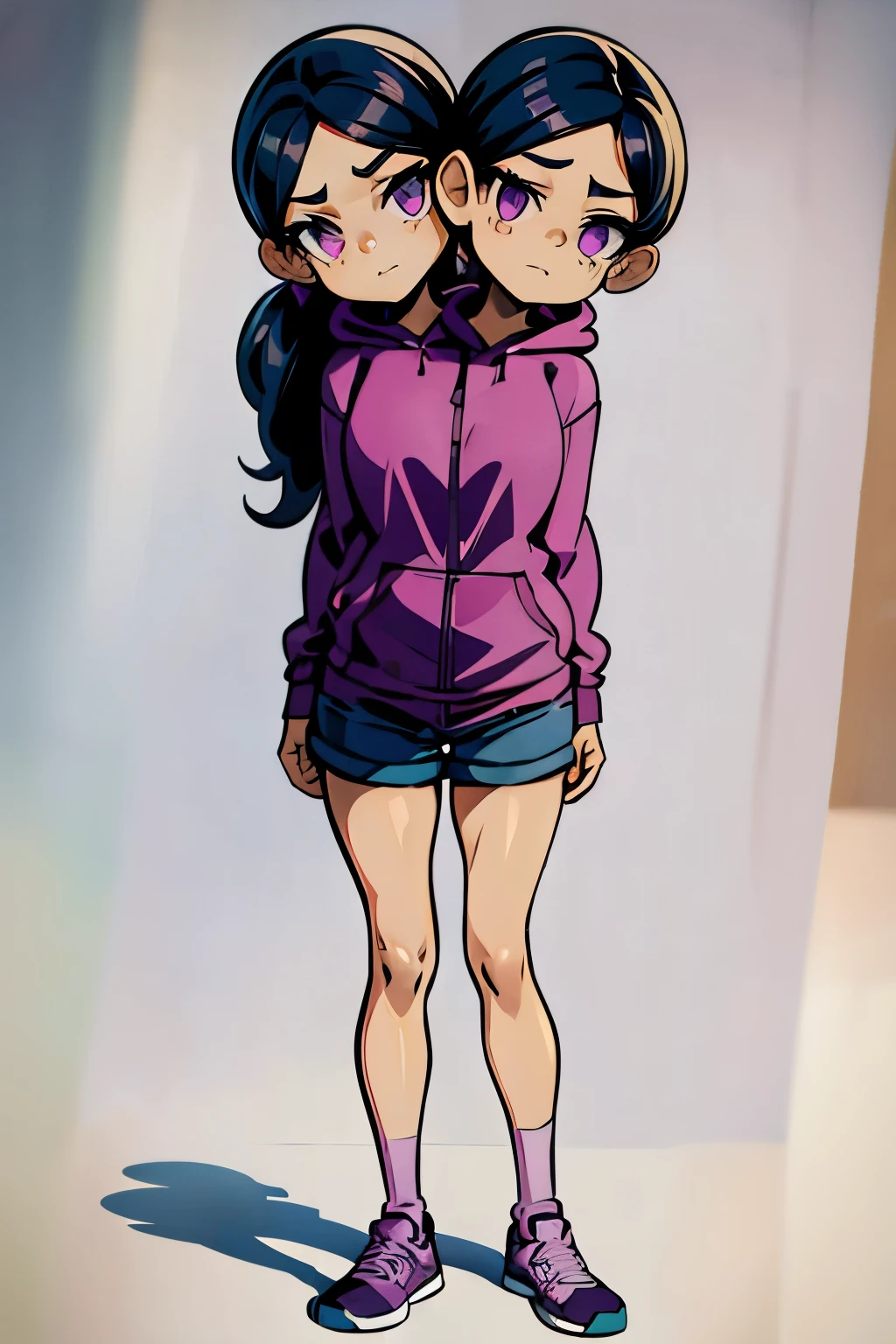conjoined, 2heads, girl with two heads instead of one, 2head, cuerpo curvilineo, brazos curvilineos, usando shorts, ropa abrigada, piernas curvilineas, anime cartoon, using a purple hoodie, each head has a ponytail, anatomia proporcionada, torso ancho, pechos medianos, full body, perspectiva en picada