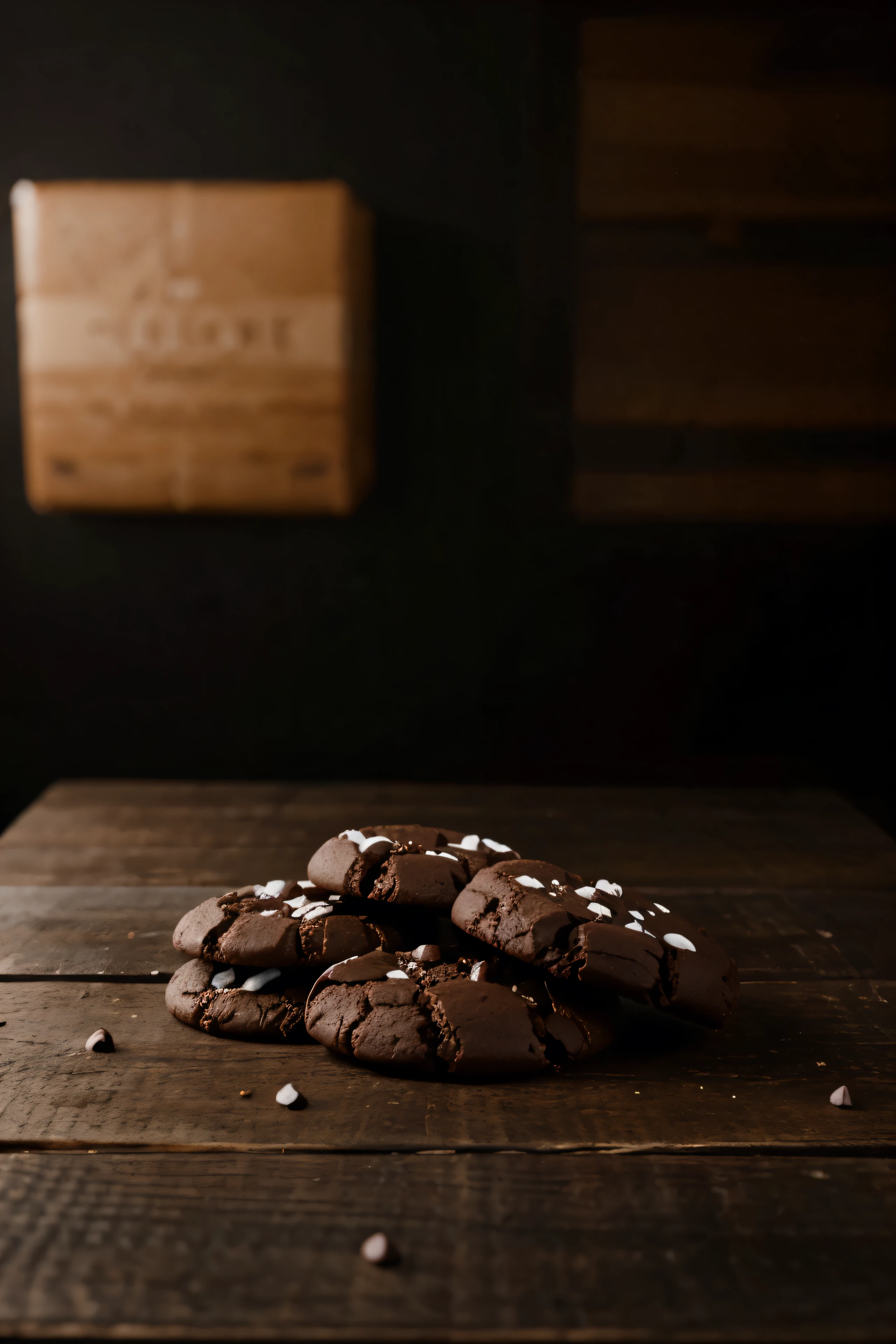 vegan chocolate cookies on a dark wooden table, an attractive commercial image focused on product presentation