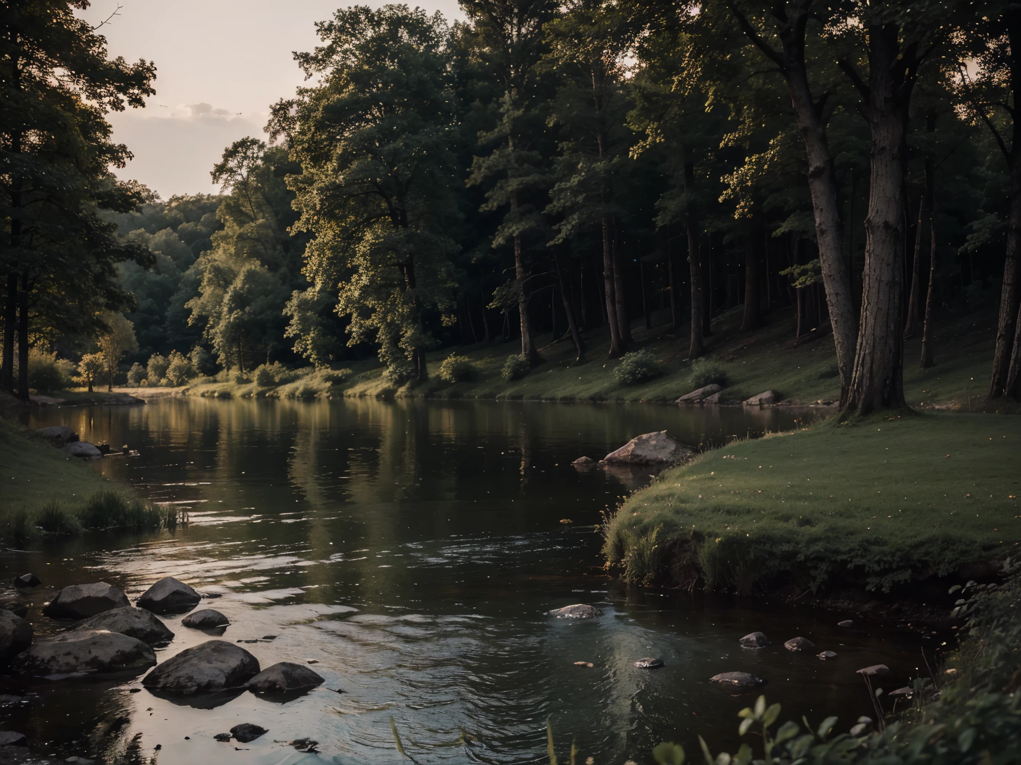 (masterpiece, best quality:1.4), relaxing landscape, beautiful lake, dark forest, bright moonlight, elvenforest, high detailed, trending on artstation