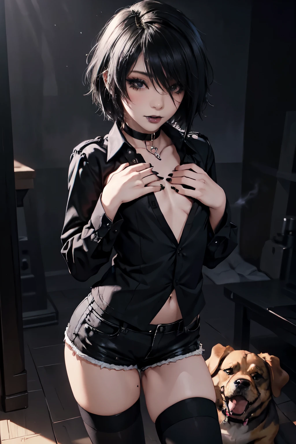 1girl, woman, emo_hairstyle, black lipstick, dog collar, eyeliner, eye shadow, smoky eyes, realistic lighting, half open black sleevless business shirt, short shorts, black thighhighs, short hair, flat chest, shiny skin, flirting with boyfriend, looking attractive, emo, 2 people, hands on another's chest.