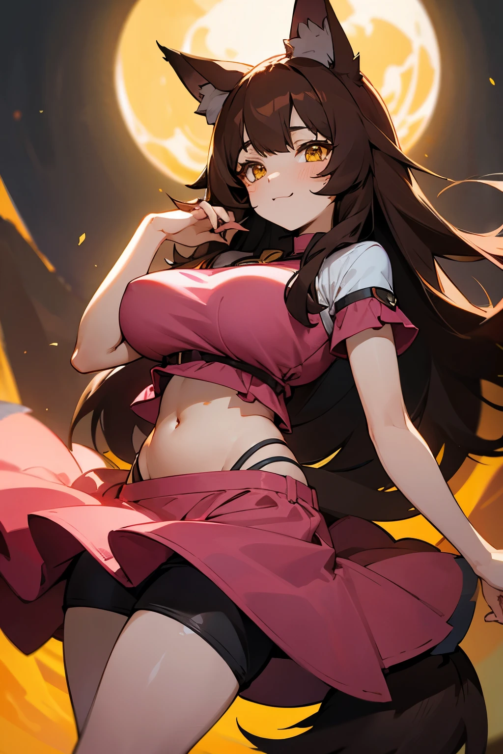 Cute girl, long dark brown hair, yellow eyes, red cheeks, wolf ears, wolf tail, pink dress, big breasts, exposed belly, short pants