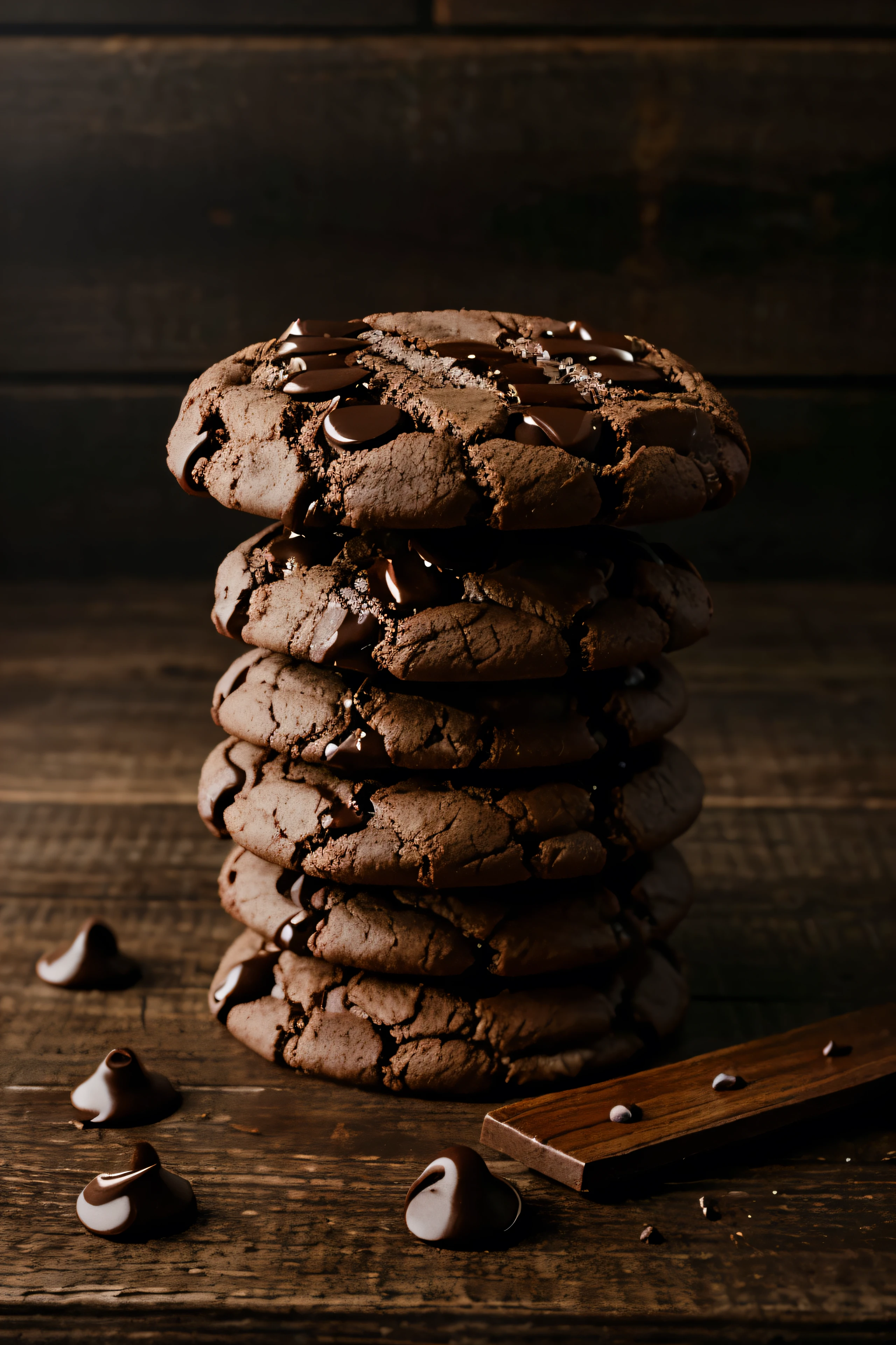 vegan chocolate cookies on a dark wooden table, an attractive commercial image focused on product presentation