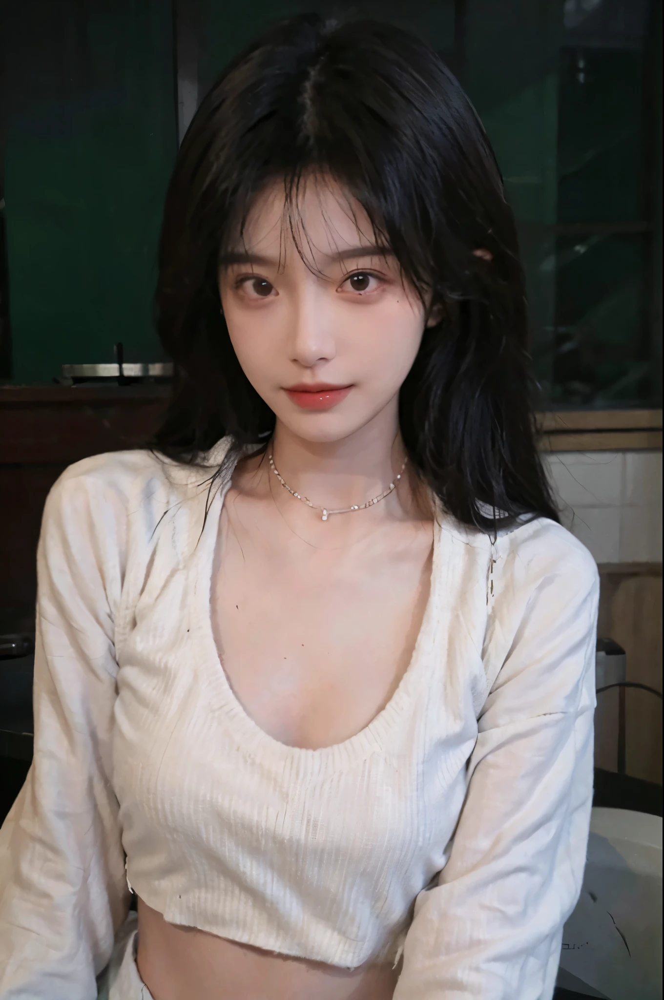 best qualtiy， Ultra-high resolution， （realisticlying：1.4），cute hairpin，1girll，Red long-haired,Cropped black sweater ，Beautiful woman with a slim figure:1.4, Pronounced abs:1.4, On the island,Ultra-fine face，Elaborate Eyes，double eyelid，choker necklace