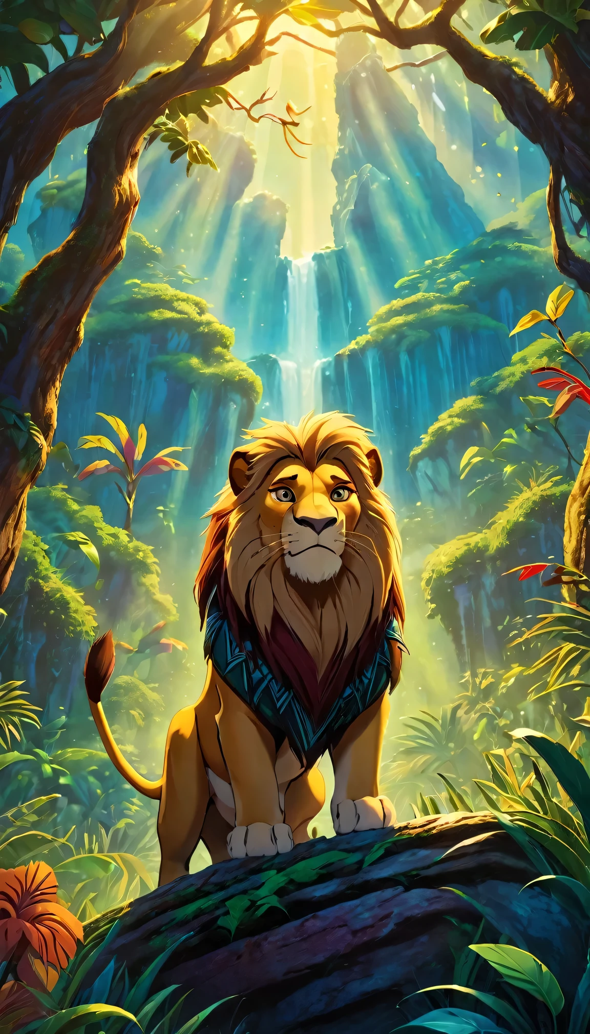 disney's the lion king,90s cartoon style,poster,vibrant colors,dramatic lighting,lush jungle environment,majestic lion character,detailed animal textures,intricate background patterns,powerful composition,masterpiece,cinematic,8k,high quality