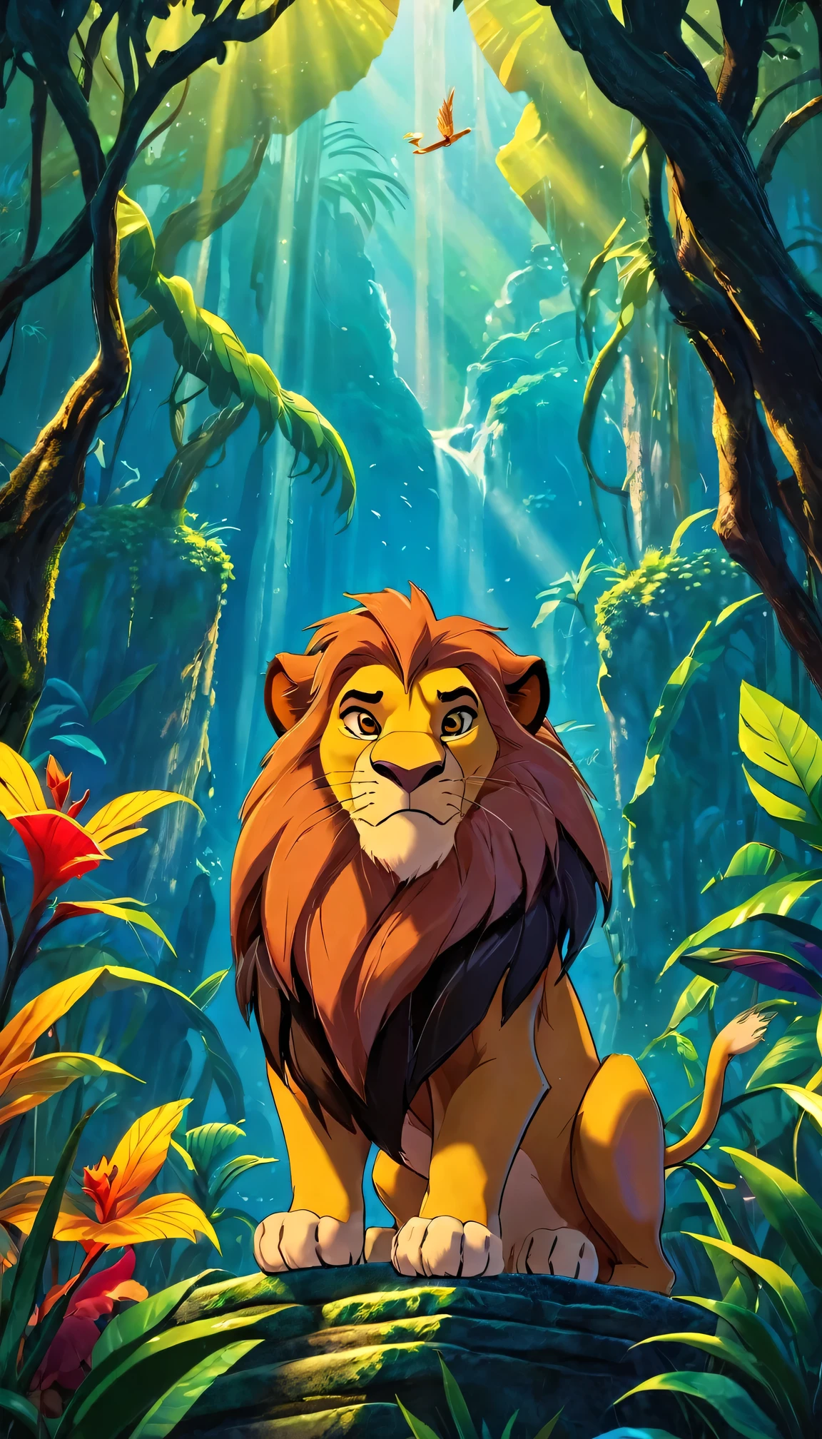 disney's the lion king,90s cartoon style,poster,vibrant colors,dramatic lighting,lush jungle environment,majestic lion character,detailed animal textures,intricate background patterns,powerful composition,masterpiece,cinematic,8k,high quality