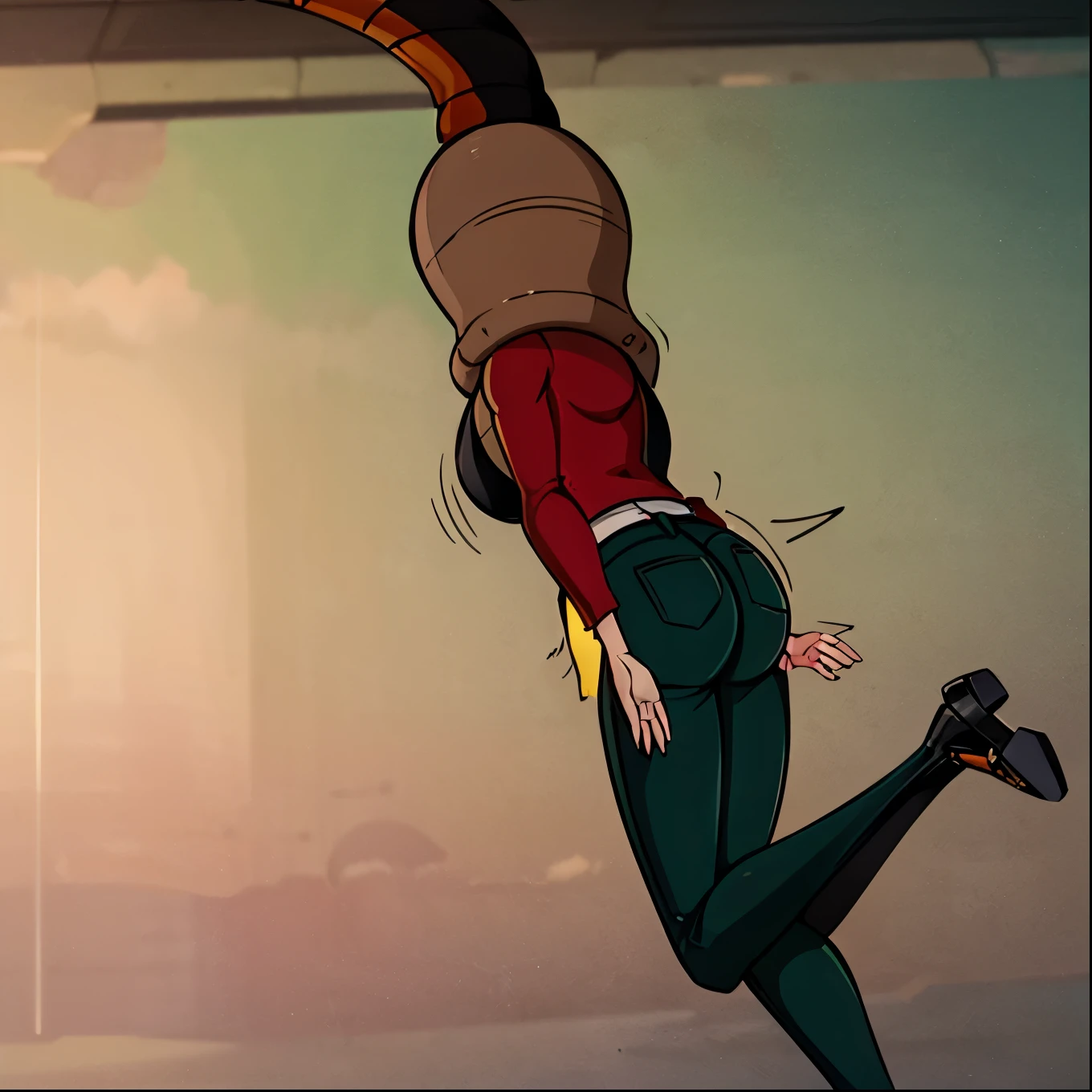 tailvore,1girl,solo,selfie,ponytail,orange hair,green eyes,lips,red shirt, long sleeves,black vest,pants,ass,