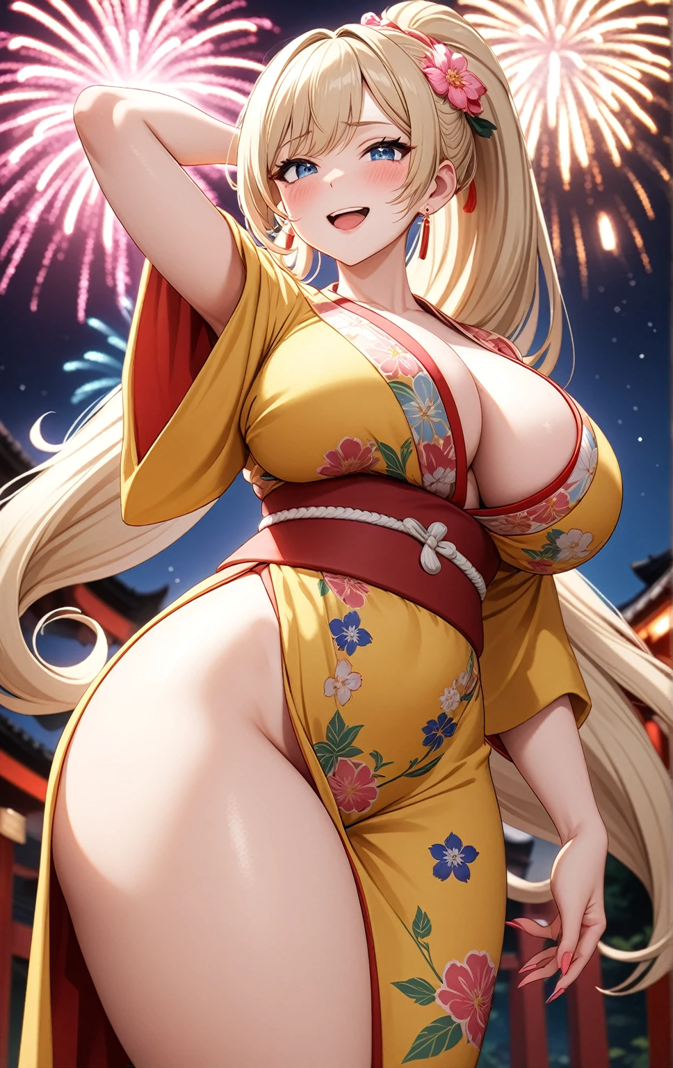 ((one personの女性)), Beautiful Face,Embarrassed and kind expression,Laugh embarrassedly,((Wink:1.8)),laugh with a big mouth,turn bright red,Glossy pink lips,night,Shrine festival sexpensives,firework, ((Anime style background)),masterpiece, highest quality, so beautiful, Latest, Complex details, (Pink long nails),AI-generated, Complex,High resolution, highest quality, super high quality,3D Images、View your viewers、3D Images,one person,Long Blonde Hair,High Ponytail,blue eyes,Anime woman posing for a photo, [[Fine grain、Colorful eyes、Shining Eyes:1.15]],(Squint your eyes:1.1),a hyperRealistic , hyperRealistic , Realistic,Blonde anime woman with long hair, Smooth anime CG art, A woman in a colorful kimono with gold embroidery, (Yellow kimono),Pink floral pattern,Long flower hair ornament,Big earrings,(Big Breasts:1.2),Mature Body,expensive,Big Ass,Fine details,Tight waist,Abdominal muscles,Shooting from below at an angle,(Put your hands behind your head