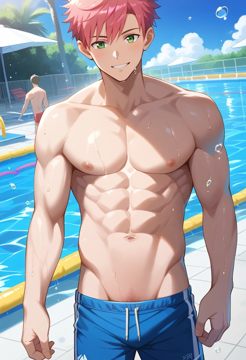 a muscular 18 year old boy, topless, wearing swimwear, smiling, photo-realistic, ultra-detailed, best quality, best lighting, FGO art style, babyface, muscular physique, toned abs, water droplets, outdoor public pool, sunlight