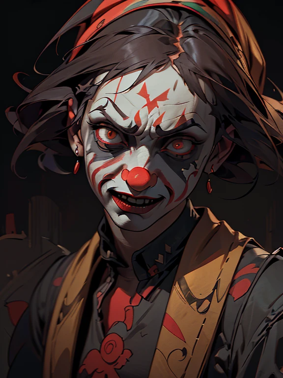 detailed portrait of a carnival freak serial killer, capitalist clown, gang member, jester, Borderlands style, intricate details, highly detailed face, hyper realistic, dark and gritty, dramatic lighting, moody colors, deep red and black tones, disturbing and twisted, sinister expression, dangerous aura, chaotic scene