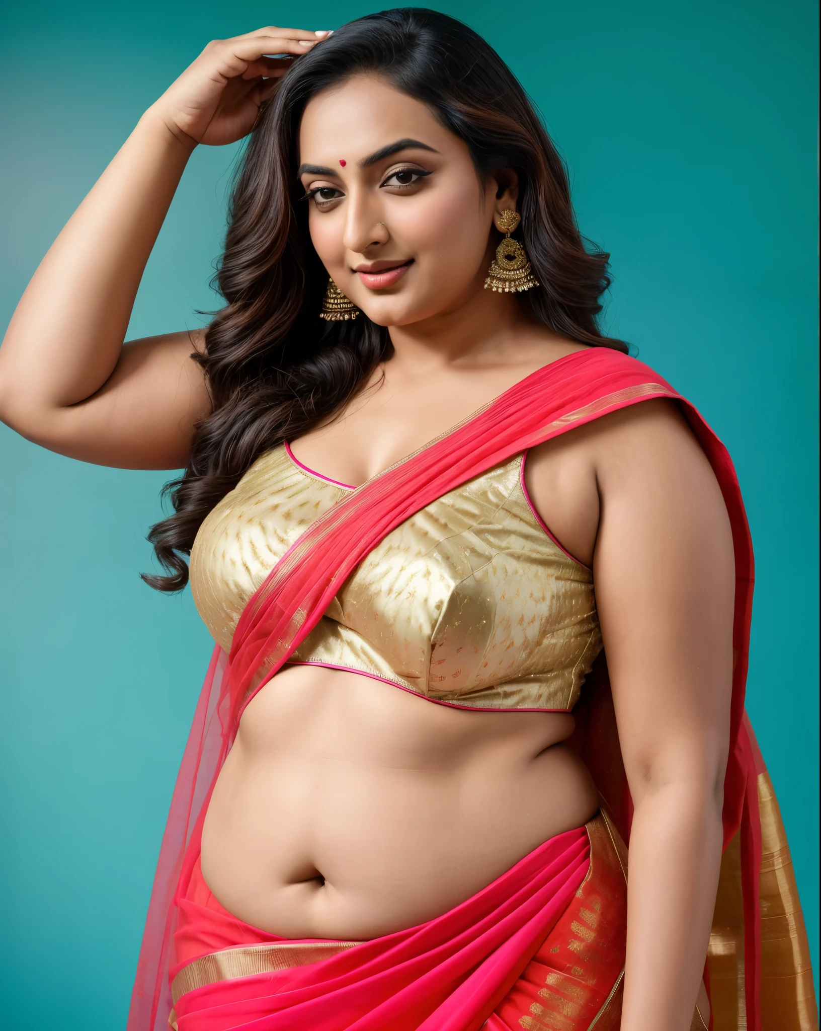 Foto RAW, photorealistic, photography, full body shot, master shot, perfect eyes, goddess like beauty, pierced eyes, perfect thick chubby mallu Desi aunty bhabhi, Wearing a Stanapatta, a chest-band.Saree model, model Photography, Indian saree shoot, Indian traditional wear advertising photography, traditional wear brand shoot, face of Indian actress Sonakshi Sinha, masterpiece, realistic, realism, incredible details, pleasure, photorealism, detailed skin, skin pores, high contrast, photorealistic Artstation 8k HD digital art trend of high definition and detailed realistic skin texture, ultra detail, realistic skin texture, armature, best quality, ultra high definition, (photorealistic:1.4),, high resolution, detail, raw photo, sweat, Re sharp, by Lee Jefferies Nikon D850 Film Stock Photo 4 Kodak Portra 400 Camera F1.6 Lens Rich Color Ultra Real Realistic Realistic Textures Dramatic Lighting Unreal Engine Trending at Art Station Cinestill 800,(pele altamente detalhada: 1.2), 8k UHD, DSLR, soft-lighting, alta qualidade, grain of film, Fujifilm XT3,she didn't like to wear blouse or bra, she is happy to wear only saree, she hates blouse or bra, detailed hairy armpits, hyper realistic skin, skin pores, sweat, veins,