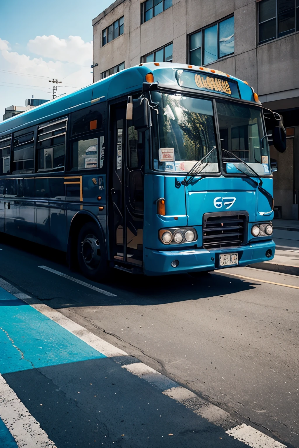 one bus vechicle photo epic, front of bus, bus look to camera , 2D Style, color bus is blue white