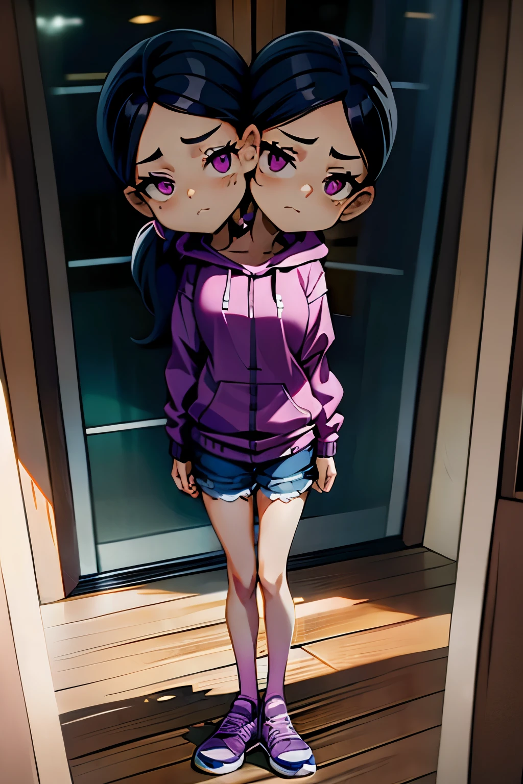 conjoined, 2heads, girl with two heads instead of one, 2head, cuerpo curvilineo, brazos curvilineos, usando shorts, ropa abrigada, piernas curvilineas, anime cartoon, using a purple hoodie, each head has a ponytail, anatomia proporcionada, torso ancho, pechos medianos, full body, perspectiva en picada