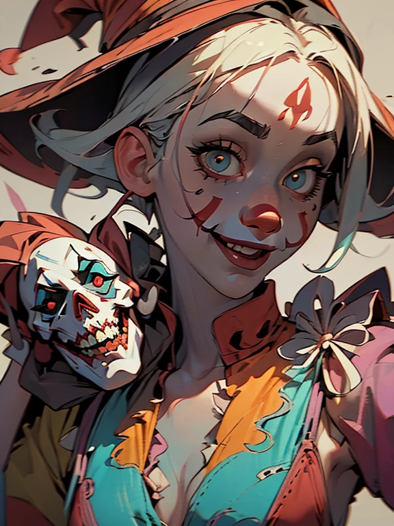 Official Art, unity 8k wallpaper, Super detailed, Beautiful appearance, high quality, masterpiece, 最high quality, Close up of a girl (Jennifer Lawrence) holding a gun with a clown hat on, with red panties, Murder Carnival Freak, capitalist clown, gang, Clown, clown, She has a pistol, of a gang of circus clowns, Inspired by Earl Burgee,gang, Background artwork, portrait death clown art by Ray Shark